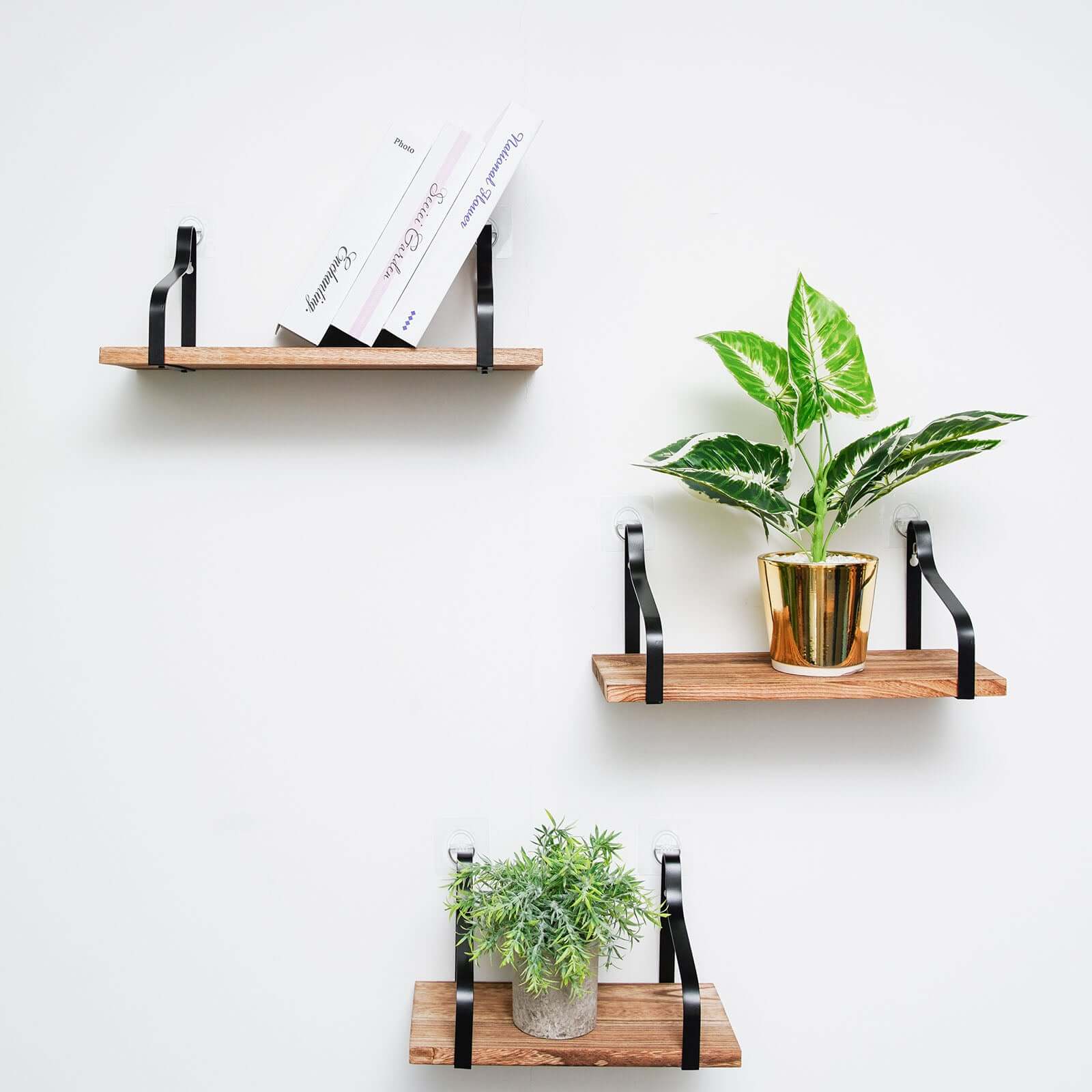 3 Pack Wood / Metal Floating Wall Shelves Wall Mounted Shelf Set Decor - Image 11