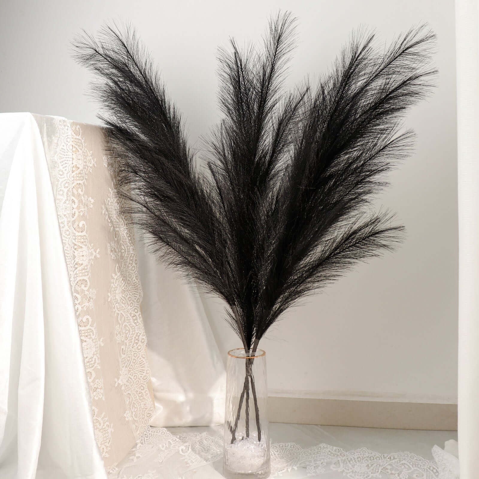 3 Stems Artificial Pampas Grass Decor 44" Black - Fluffy Faux Ornamental Grass Branches - Image 5