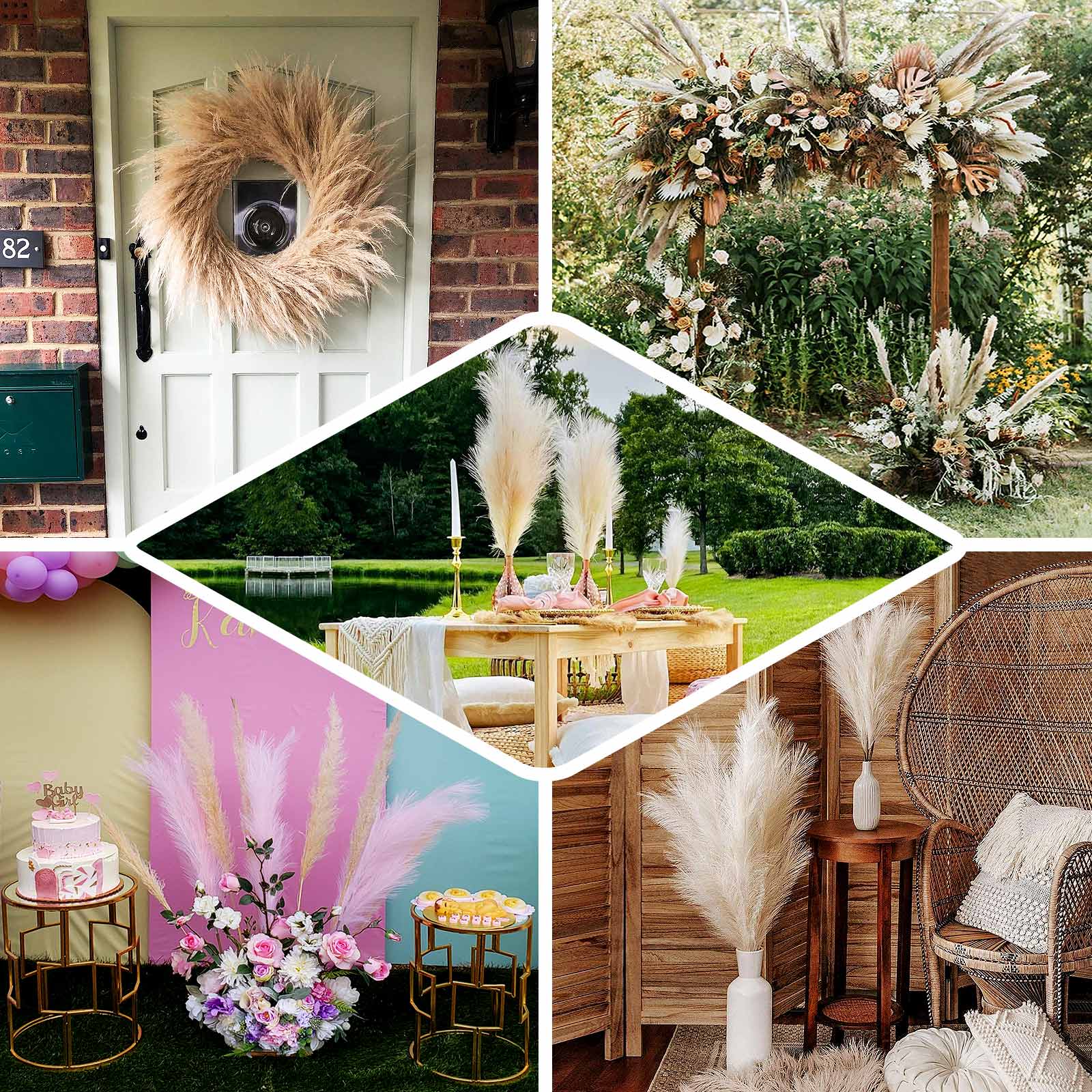 3 Stems Artificial Pampas Grass Decor 44" Cream - Fluffy Faux Ornamental Grass Branches - Image 4