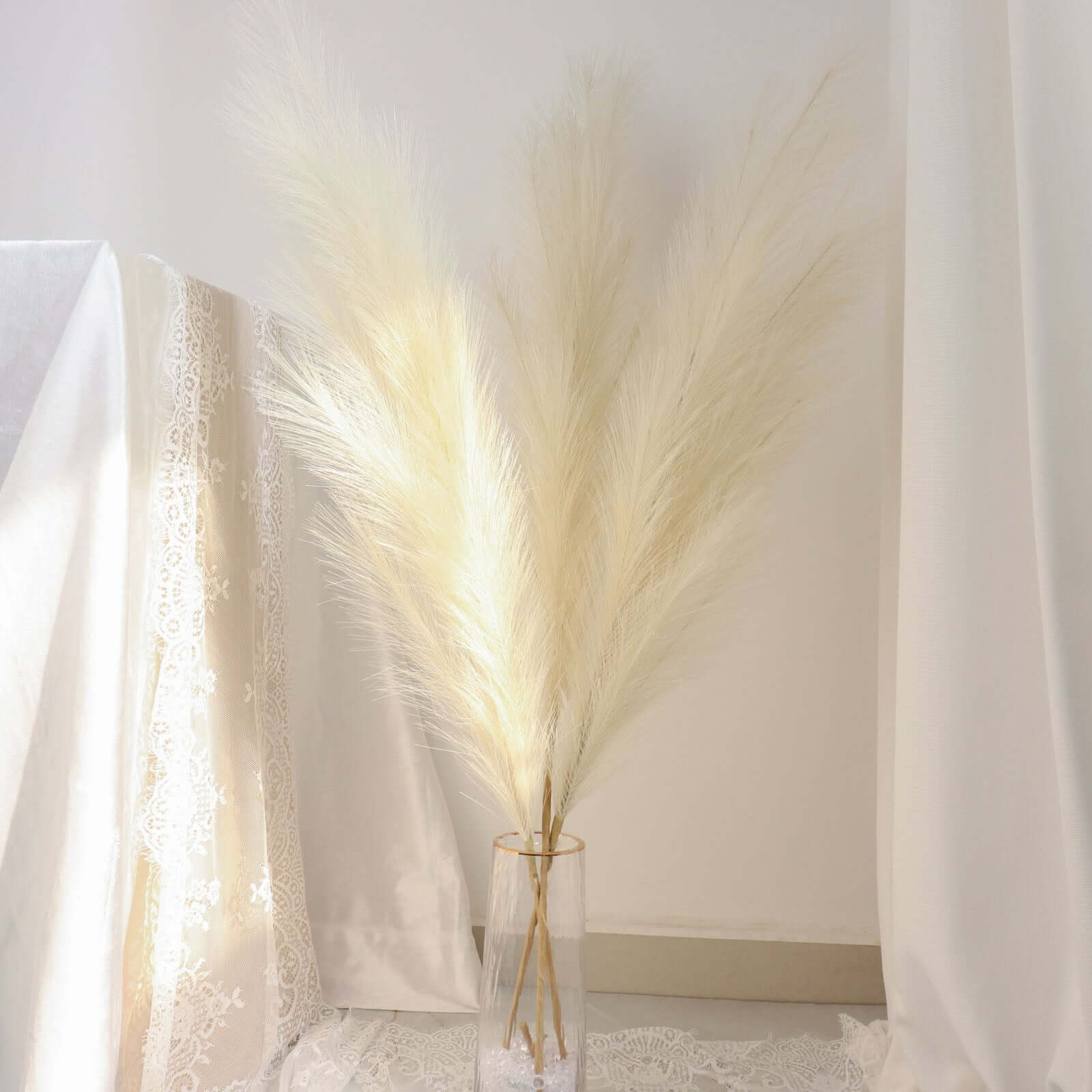 3 Stems Artificial Pampas Grass Decor 44" Cream - Fluffy Faux Ornamental Grass Branches - Image 5