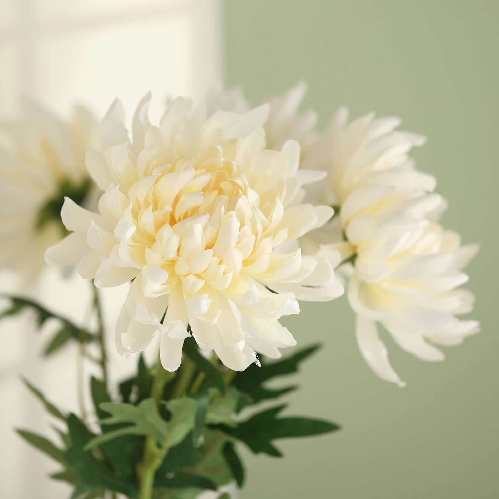 3 Stems Ivory Artificial Silk Chrysanthemum Bouquet Flowers, Large Faux Mum Branches 27" - Image 11