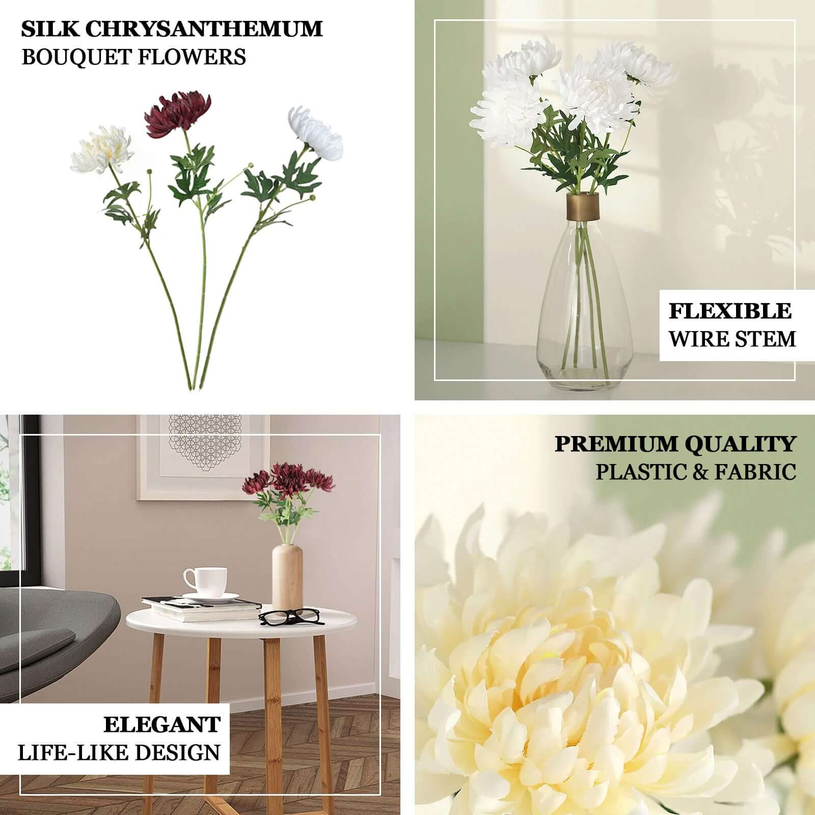 3 Stems White Artificial Silk Chrysanthemum Bouquet Flowers, Large Faux Mum Branches 27" - Image 4