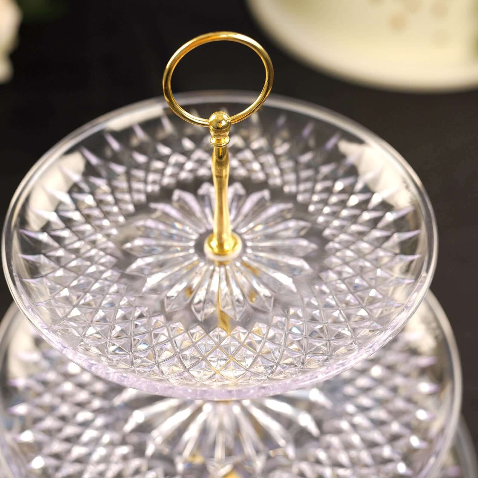 3-Tier Acrylic Cupcake Stand 12" Clear with Gold Top Handles - Easy Assembly Dessert Serving Tray Platter for Chic Events & Celebrations - Image 2