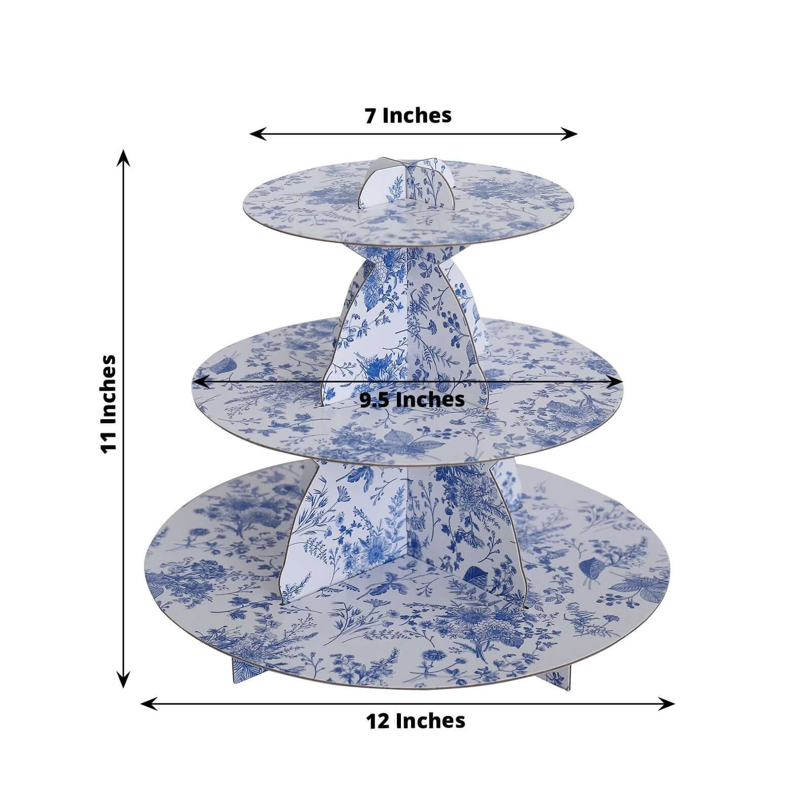 3-Tier Cardboard Cupcake Stand 11" White with Blue French Toile Pattern - Sturdy Dessert Display Stand Round Serving Platter for Refined Bridal Showers Afternoon Teas & Baby Showers - Image 3