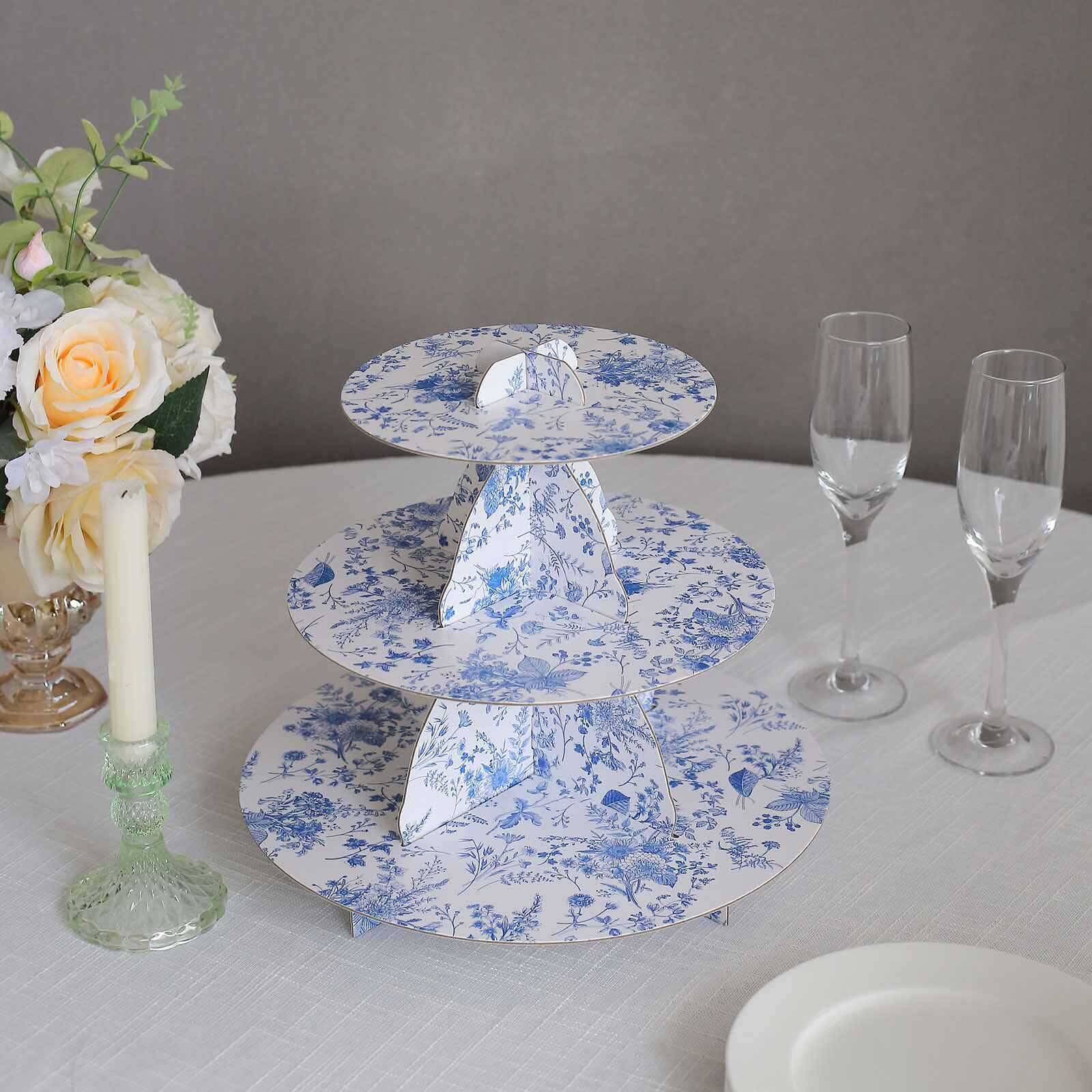 3-Tier Cardboard Cupcake Stand 11" White with Blue French Toile Pattern - Sturdy Dessert Display Stand Round Serving Platter for Refined Bridal Showers Afternoon Teas & Baby Showers - Image 5