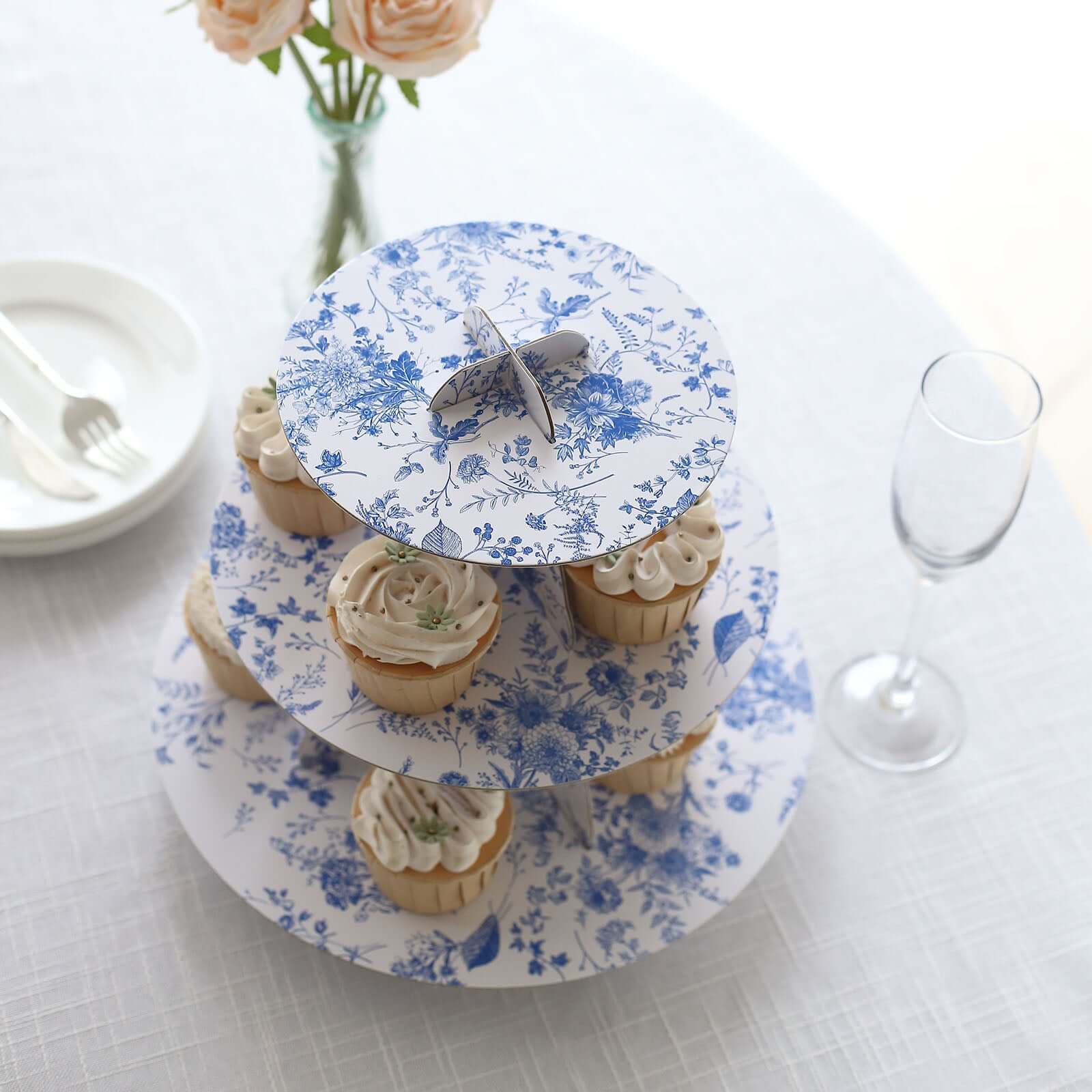 3-Tier Cardboard Cupcake Stand 11" White with Blue French Toile Pattern - Sturdy Dessert Display Stand Round Serving Platter for Refined Bridal Showers Afternoon Teas & Baby Showers - Image 6