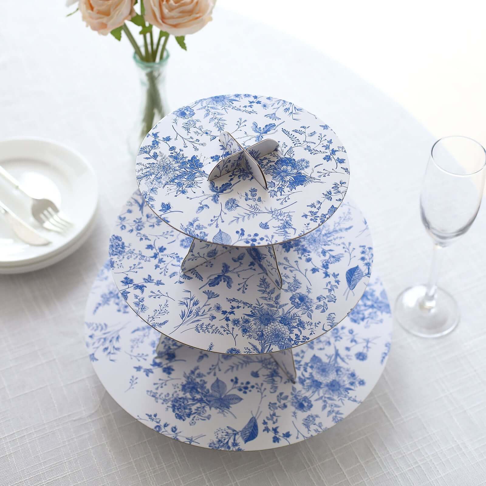 3-Tier Cardboard Cupcake Stand 11" White with Blue French Toile Pattern - Sturdy Dessert Display Stand Round Serving Platter for Refined Bridal Showers Afternoon Teas & Baby Showers - Image 7