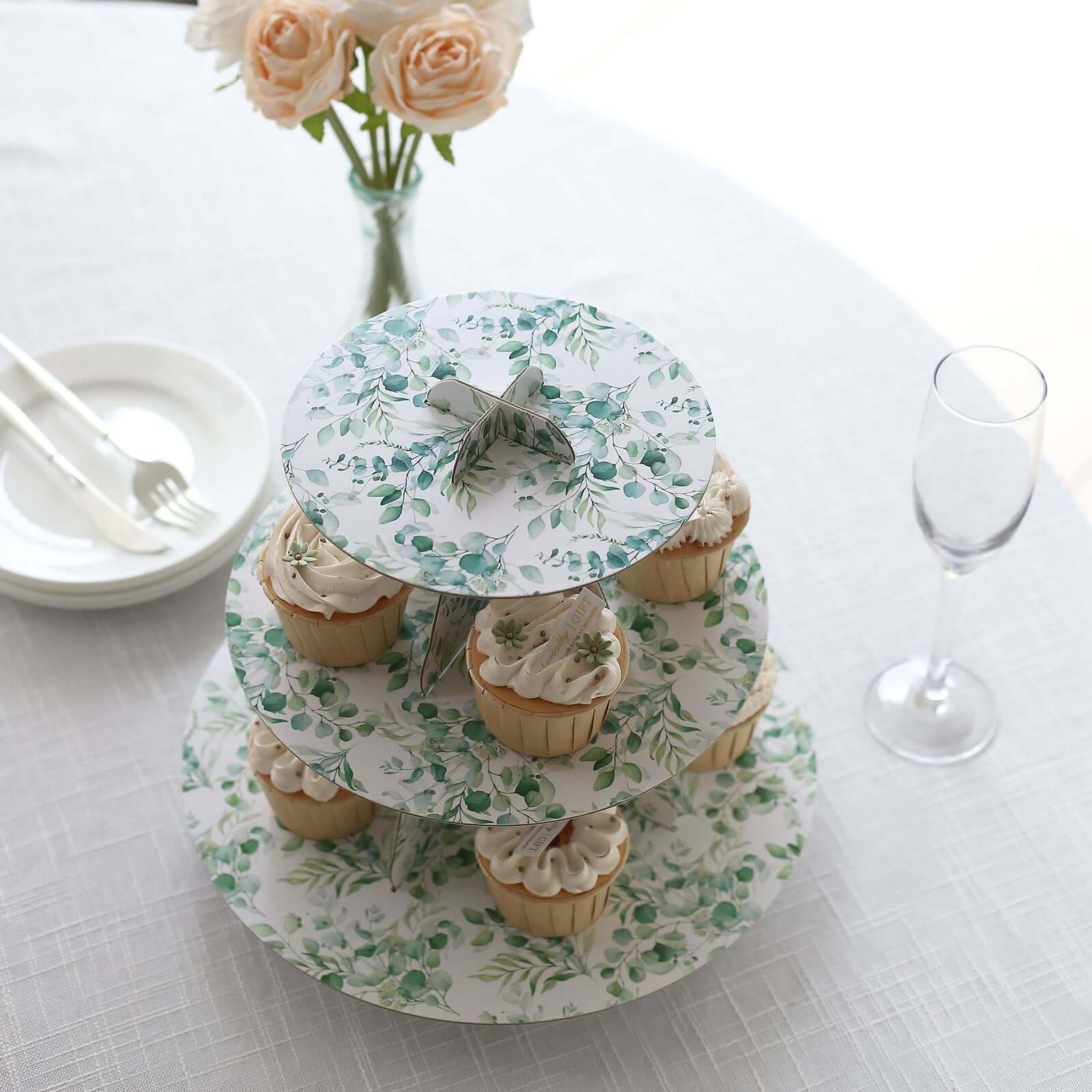 3-Tier Cardboard Cupcake Stand 11" White with Green Eucalyptus Leaves Print - Sturdy Dessert Display Stand Round Serving Platter for Refined Bridal Showers Afternoon Teas & Baby Showers - Image 2