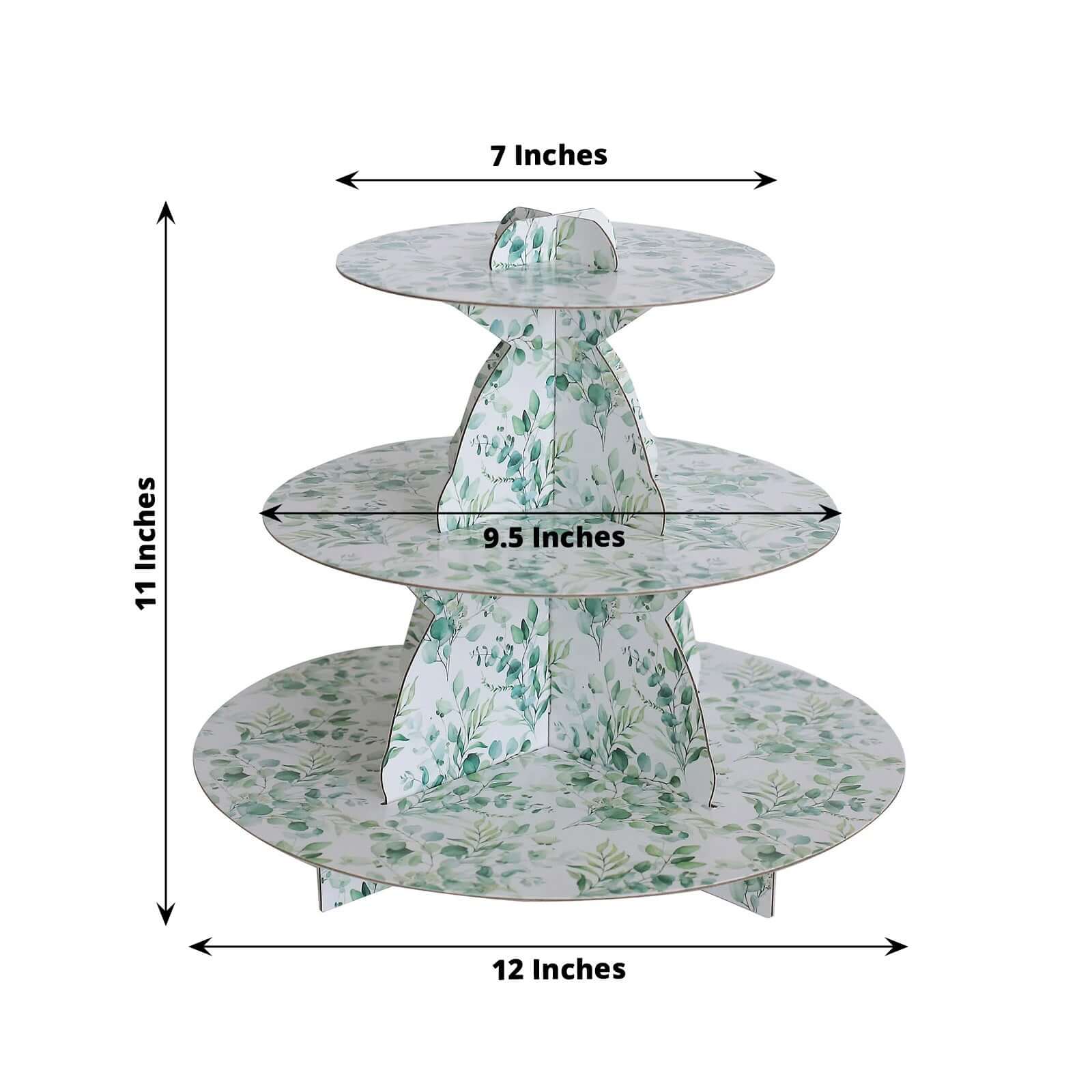 3-Tier Cardboard Cupcake Stand 11" White with Green Eucalyptus Leaves Print - Sturdy Dessert Display Stand Round Serving Platter for Refined Bridal Showers Afternoon Teas & Baby Showers - Image 3