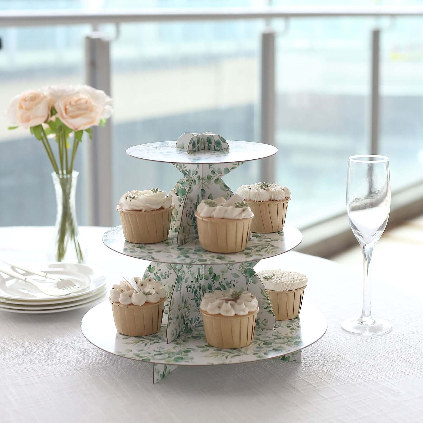 3-Tier Cardboard Cupcake Stand 11" White with Green Eucalyptus Leaves Print - Sturdy Dessert Display Stand Round Serving Platter for Refined Bridal Showers Afternoon Teas & Baby Showers - Image 5