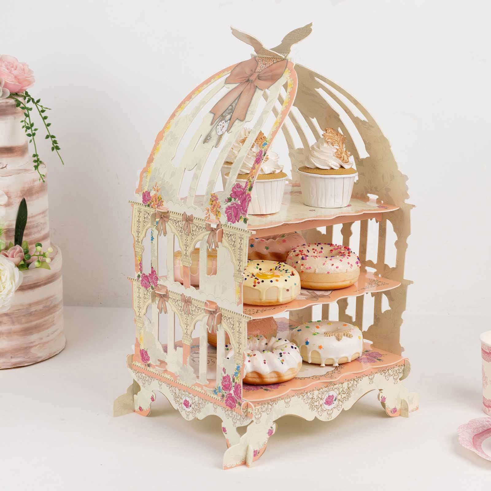 3 Tier Cardboard Cupcake Stand 18" White/Peach Birdcage Style with Floral Print - Sturdy Cake Display Dessert Holder for Stylish Weddings Baby Showers & Garden Parties
