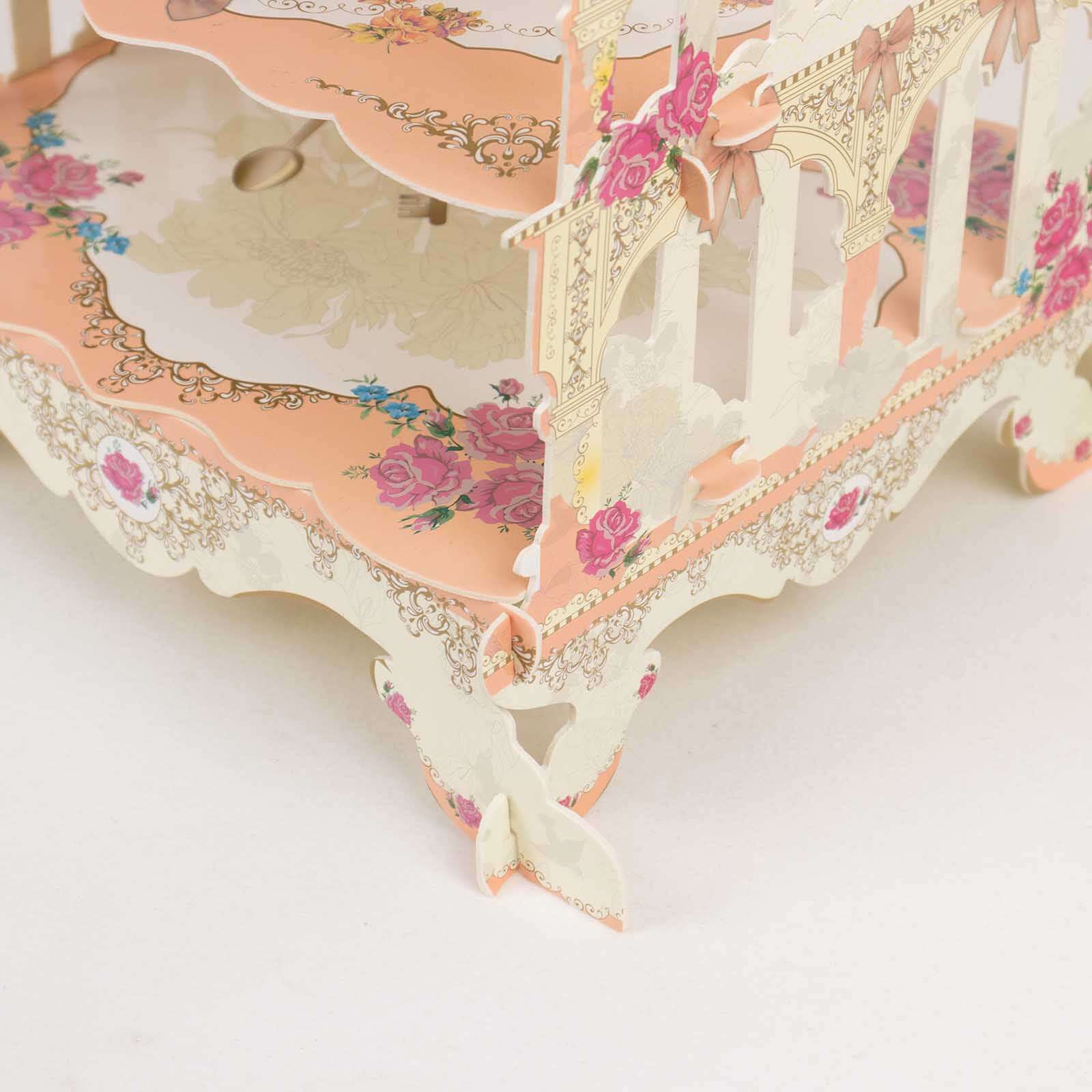 3 Tier Cardboard Cupcake Stand 18" White/Peach Birdcage Style with Floral Print - Sturdy Cake Display Dessert Holder for Stylish Weddings Baby Showers & Garden Parties - Image 2