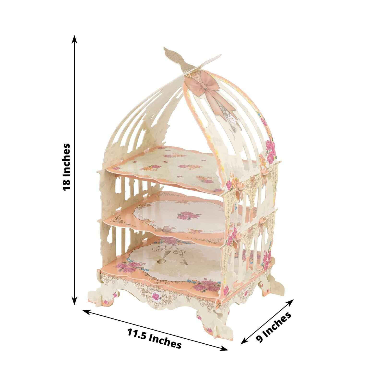 3 Tier Cardboard Cupcake Stand 18" White/Peach Birdcage Style with Floral Print - Sturdy Cake Display Dessert Holder for Stylish Weddings Baby Showers & Garden Parties - Image 3