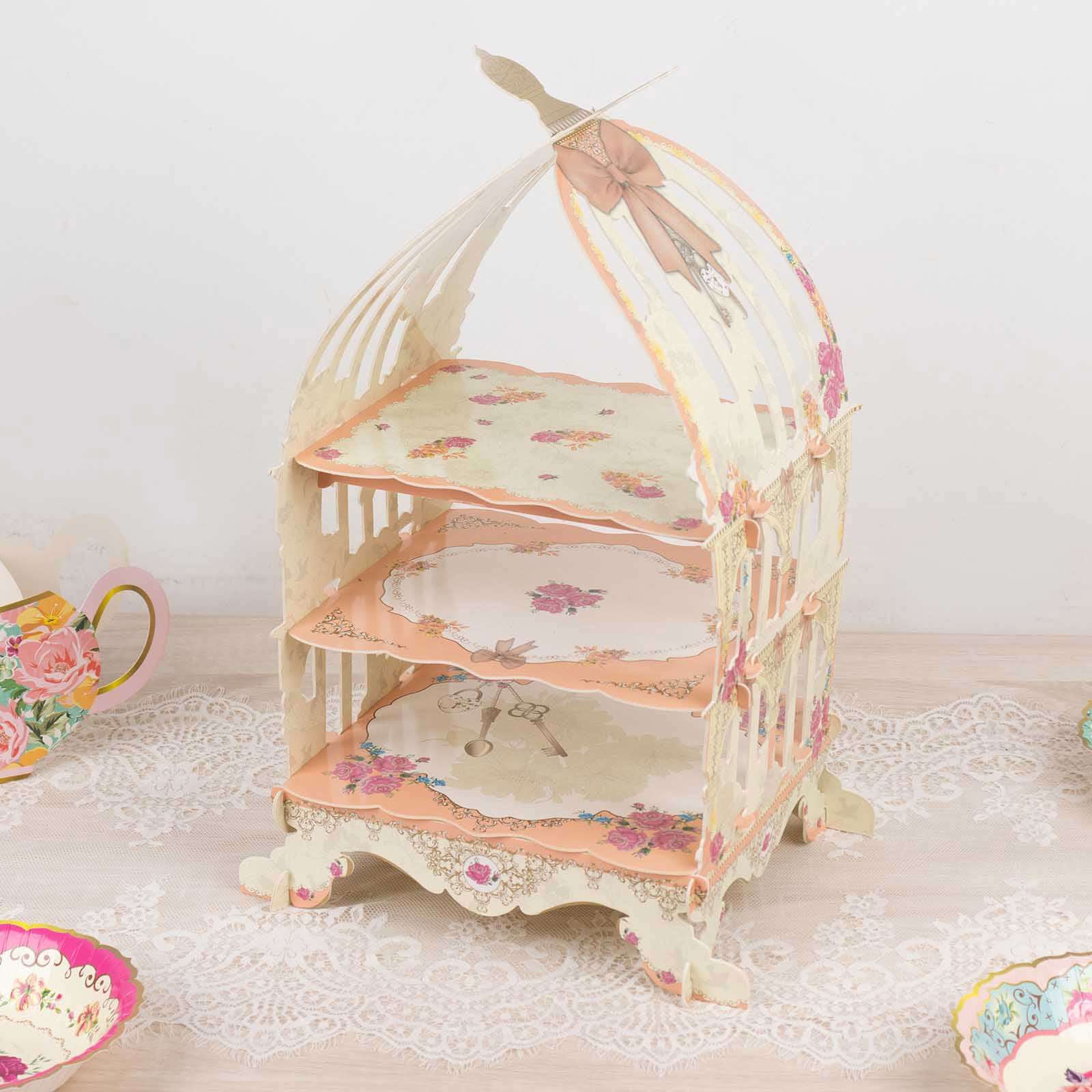 3 Tier Cardboard Cupcake Stand 18" White/Peach Birdcage Style with Floral Print - Sturdy Cake Display Dessert Holder for Stylish Weddings Baby Showers & Garden Parties - Image 6