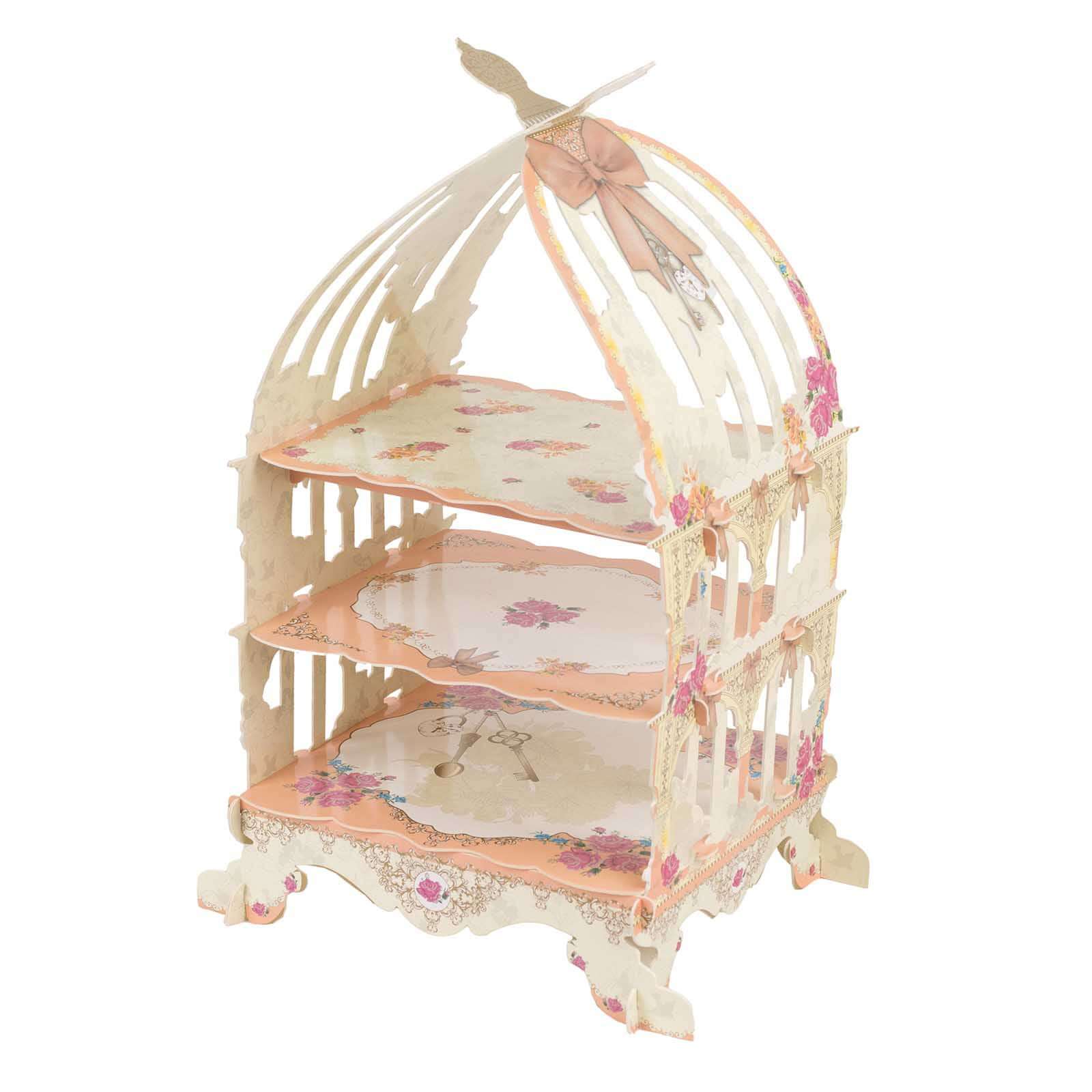 3 Tier Cardboard Cupcake Stand 18" White/Peach Birdcage Style with Floral Print - Sturdy Cake Display Dessert Holder for Stylish Weddings Baby Showers & Garden Parties - Image 7