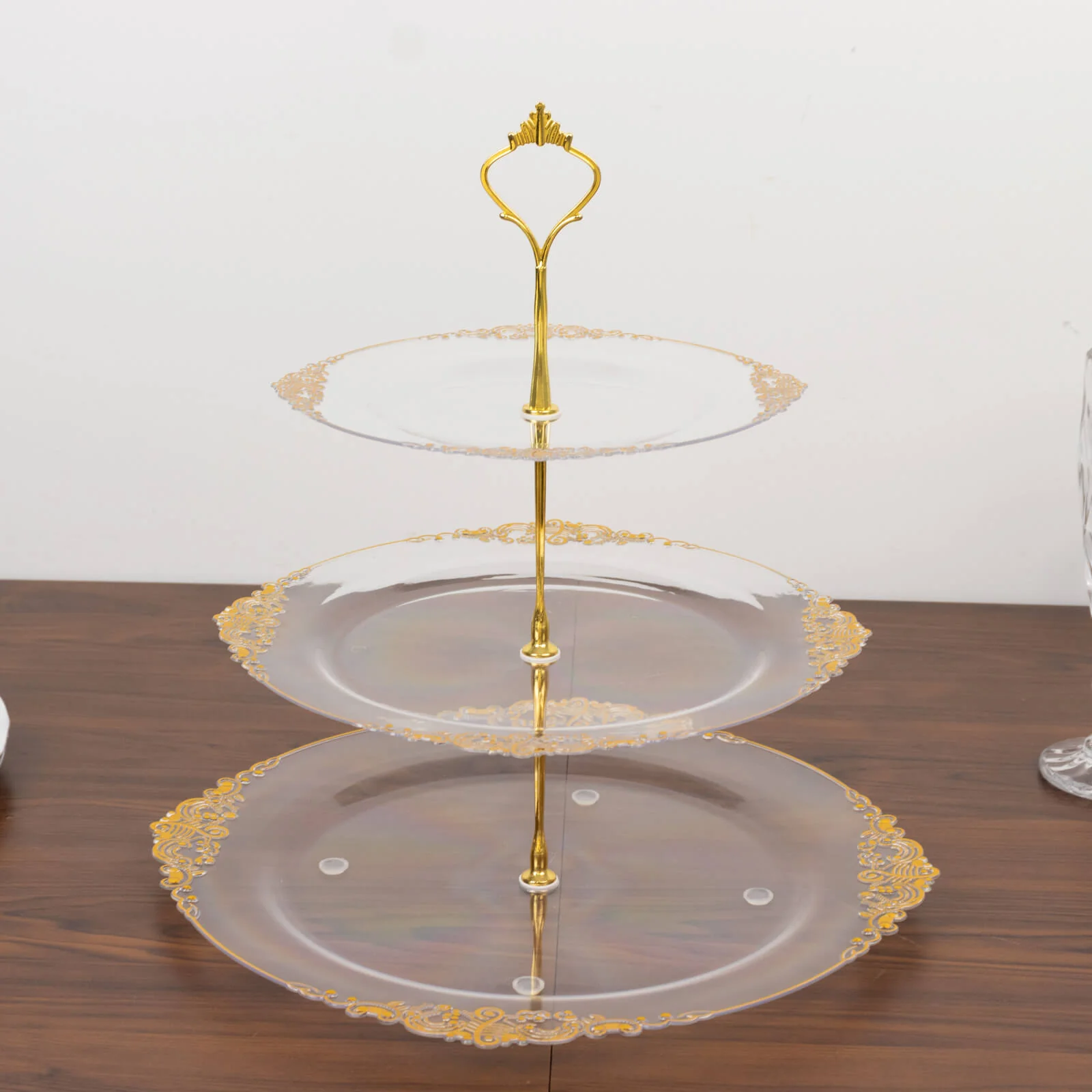 3-Tier Clear Plastic Cupcake Stand Holder with Gold Embossed Baroque Rim, Round Cake Dessert Display Stand Tiered Serving Tray with Top Handle - 13" - Image 2