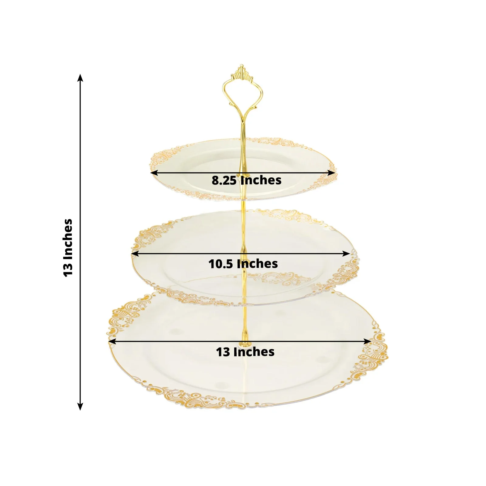 3-Tier Clear Plastic Cupcake Stand Holder with Gold Embossed Baroque Rim, Round Cake Dessert Display Stand Tiered Serving Tray with Top Handle - 13" - Image 3