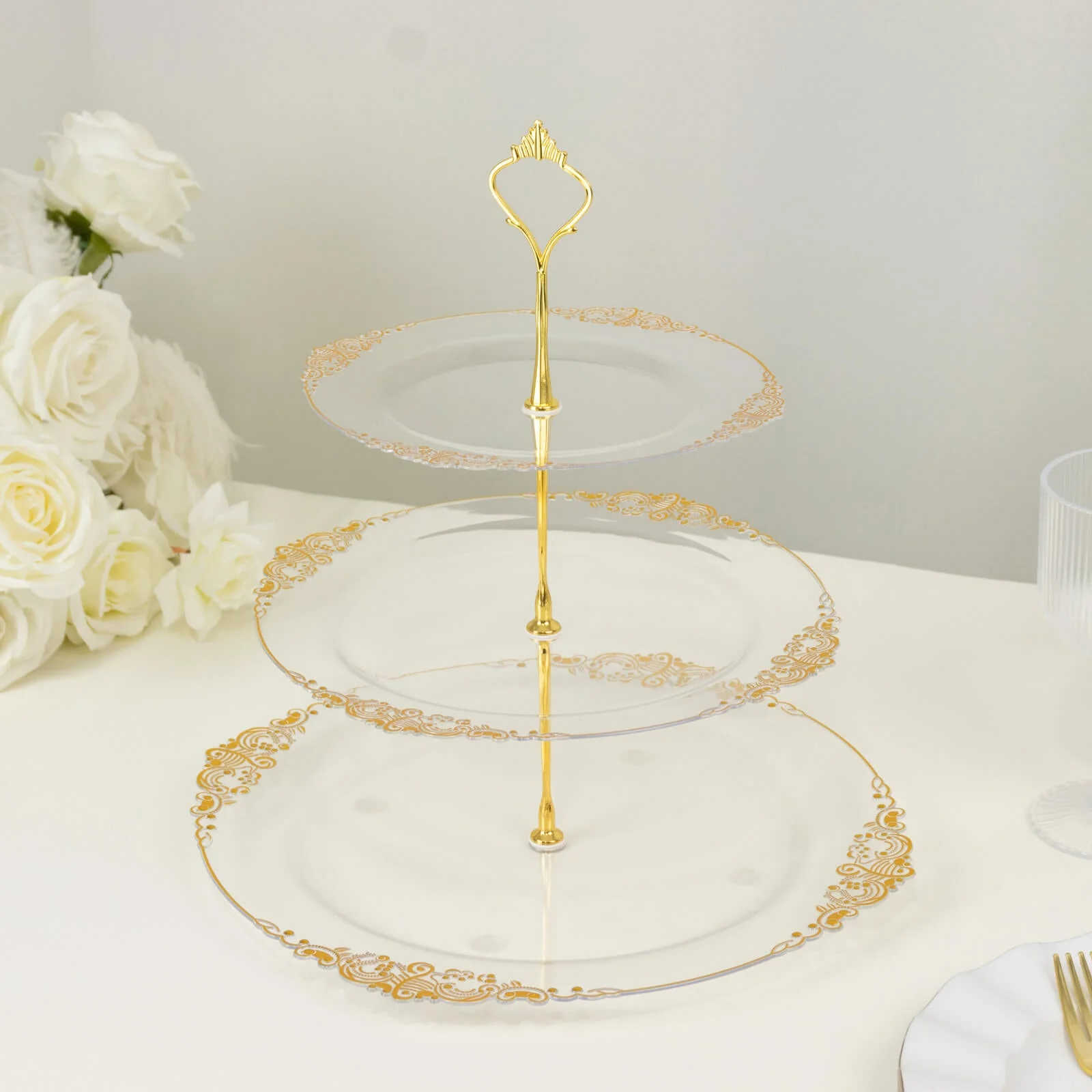 3-Tier Clear Plastic Cupcake Stand Holder with Gold Embossed Baroque Rim, Round Cake Dessert Display Stand Tiered Serving Tray with Top Handle - 13" - Image 4