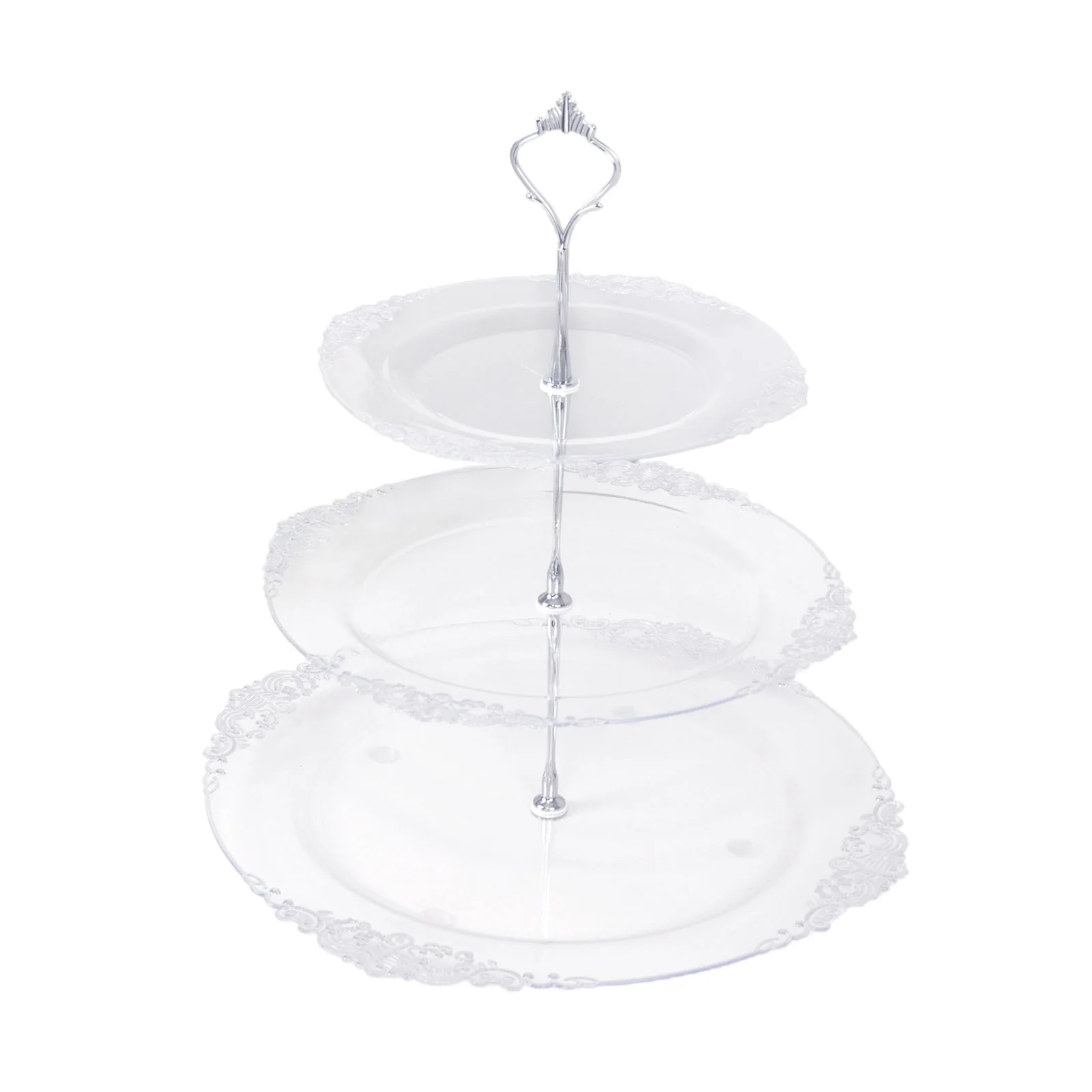 3-Tier Clear Plastic Cupcake Stand Holder with Silver Embossed Baroque Rim, Round Cake Dessert Display Stand Tiered Serving Tray with Top Handle - 13" - Image 6
