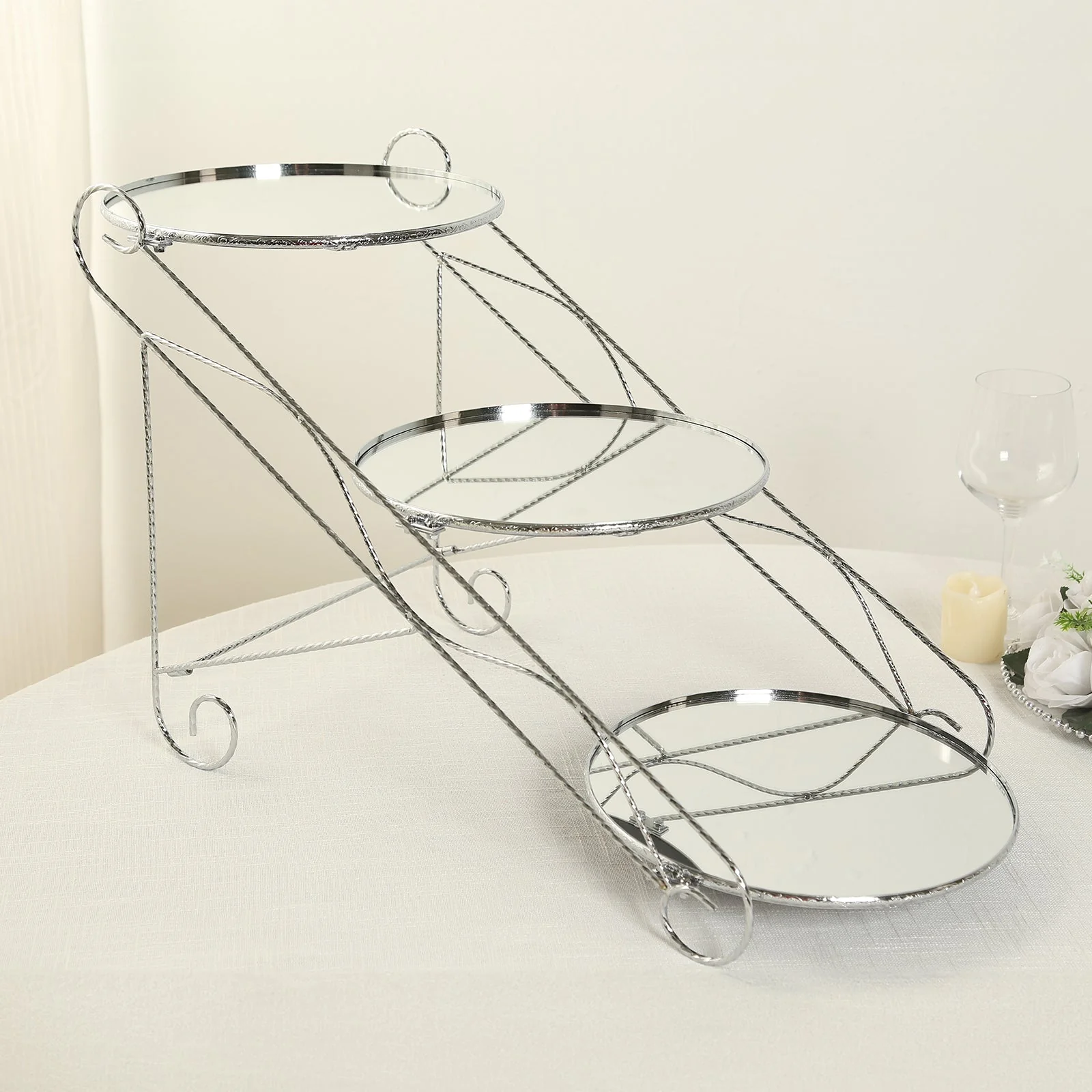3-Tier Metal Cake Stand 16"x19" Cascading Design with Round Mirror Trays Silver - Dessert Display and Serving Platter - Image 2