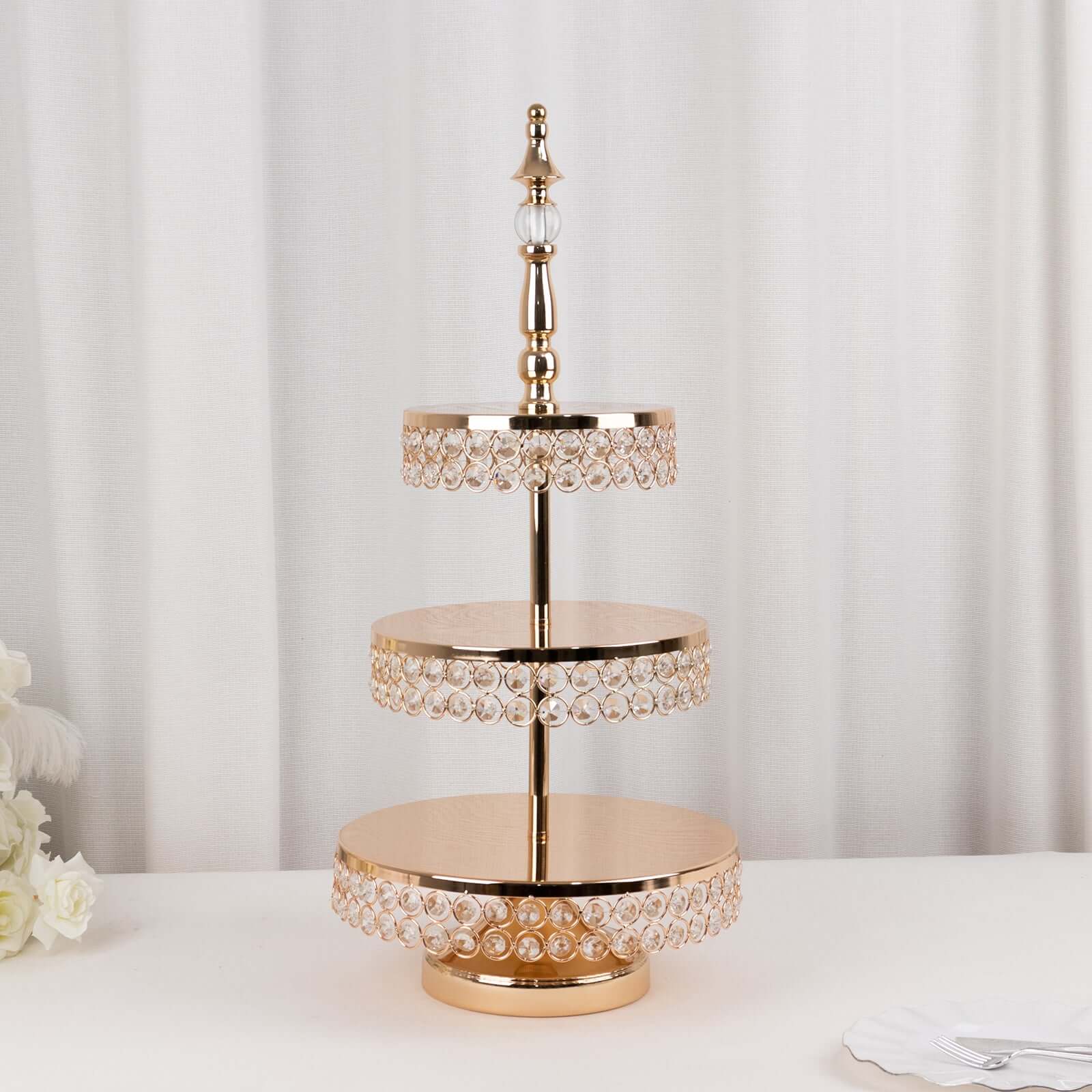 3-Tier Metal Cake Stand 26" Crystal Beaded Gold with Round Mirror Top - Cupcake Tower Dessert Display for Events - Image 2