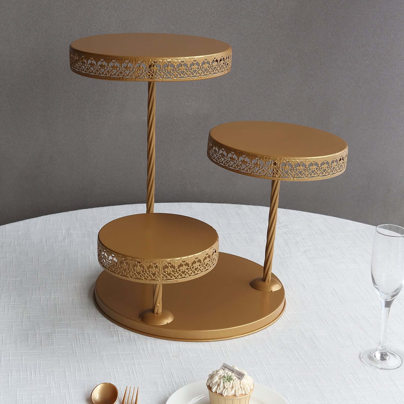 3-Tier Metal Dessert Stand 21" Hollow Lace Round Design Gold - Cupcake Tower and Tiered Cake Display for Events - Image 10