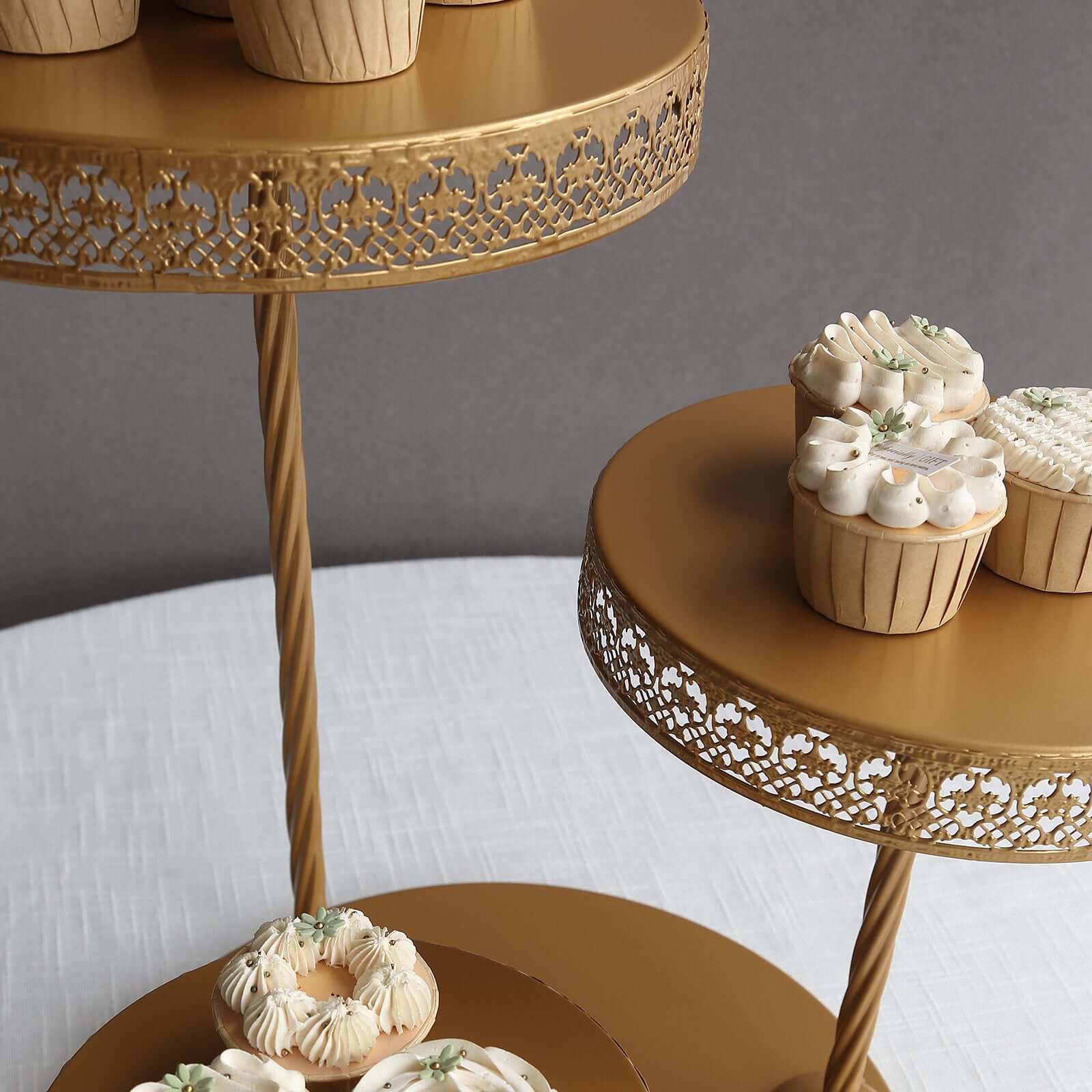 3-Tier Metal Dessert Stand 21" Hollow Lace Round Design Gold - Cupcake Tower and Tiered Cake Display for Events - Image 13