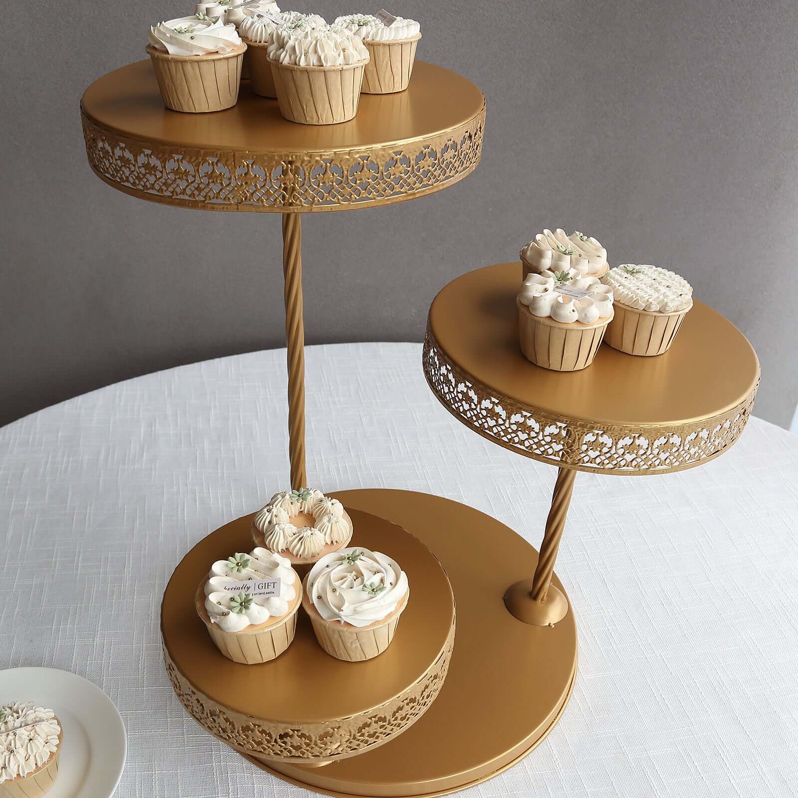 3-Tier Metal Dessert Stand 21" Hollow Lace Round Design Gold - Cupcake Tower and Tiered Cake Display for Events - Image 2