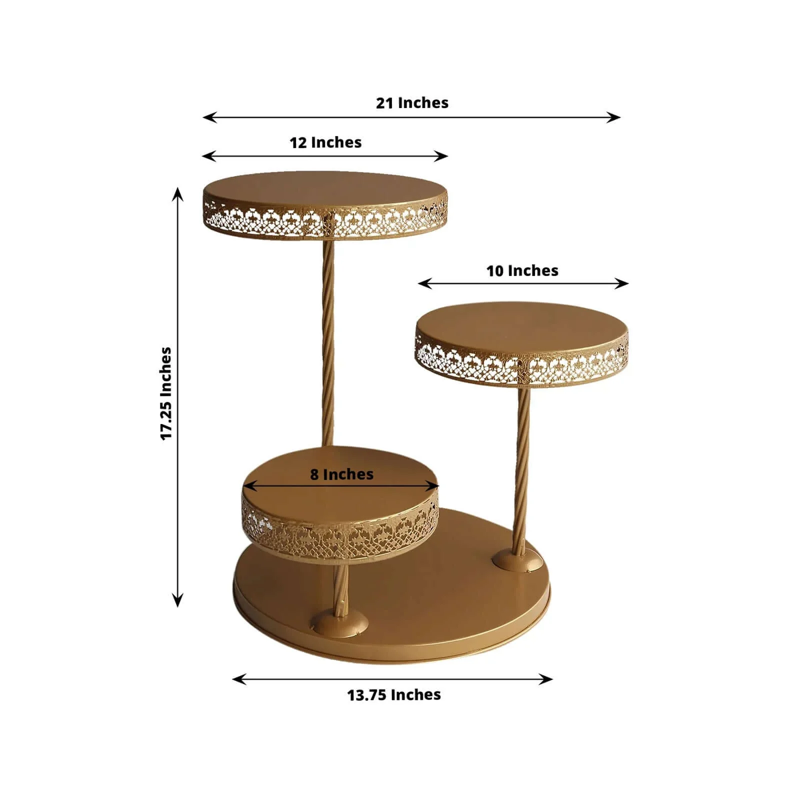 3-Tier Metal Dessert Stand 21" Hollow Lace Round Design Gold - Cupcake Tower and Tiered Cake Display for Events - Image 3