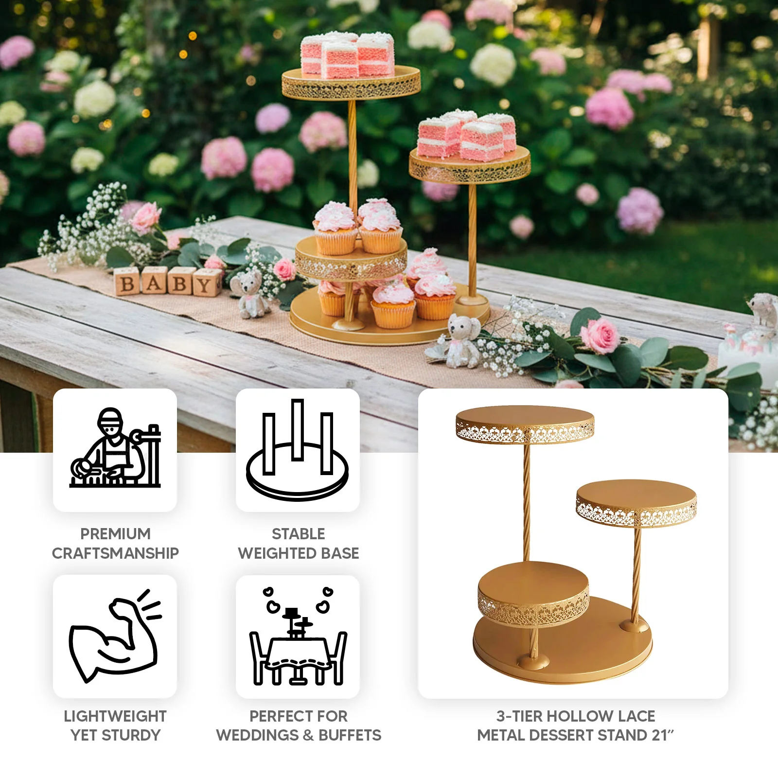 3-Tier Metal Dessert Stand 21" Hollow Lace Round Design Gold - Cupcake Tower and Tiered Cake Display for Events - Image 4