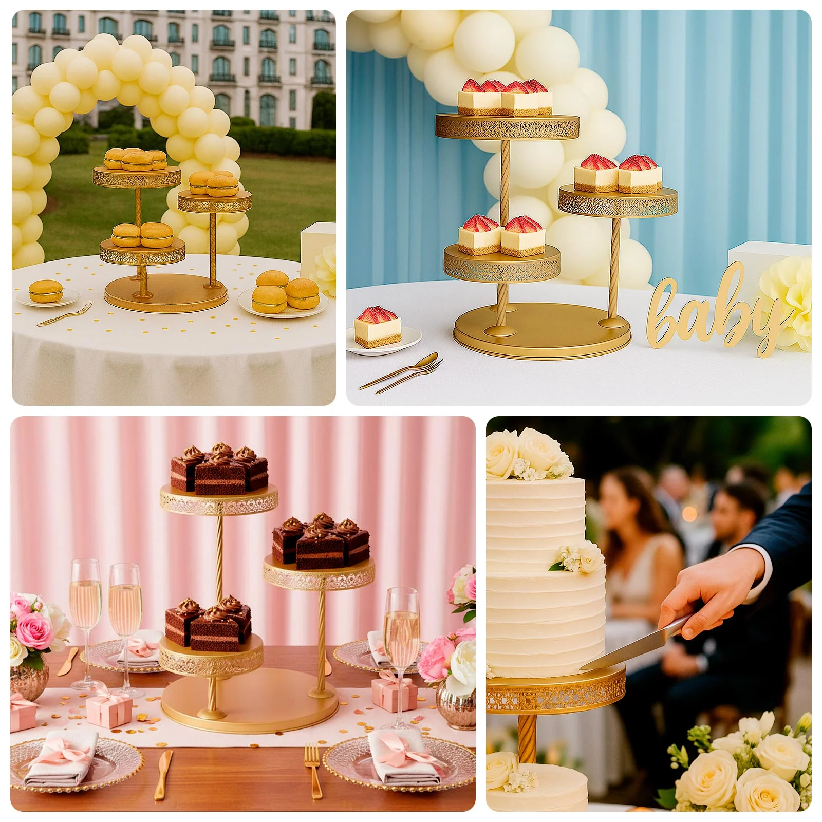 3-Tier Metal Dessert Stand 21" Hollow Lace Round Design Gold - Cupcake Tower and Tiered Cake Display for Events - Image 5