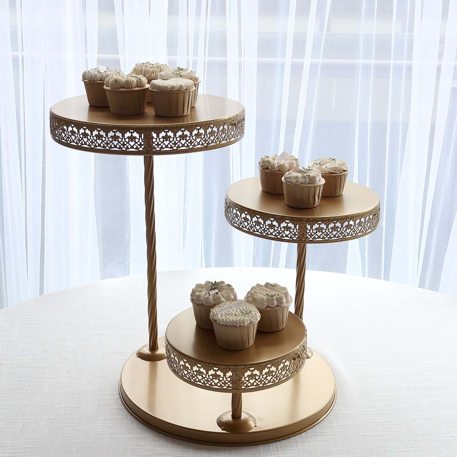 3-Tier Metal Dessert Stand 21" Hollow Lace Round Design Gold - Cupcake Tower and Tiered Cake Display for Events - Image 7