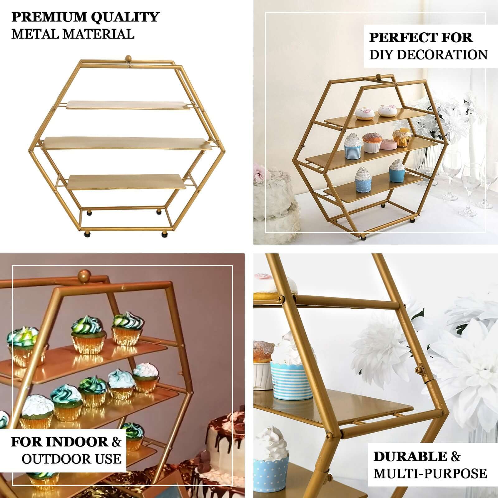 3-Tier Metal Hexagon Cupcake Stand 21" Matte Gold - Durable Contemporary Dessert Holder Appetizer Display for Upscale Events Banquets & Gatherings - Image 4