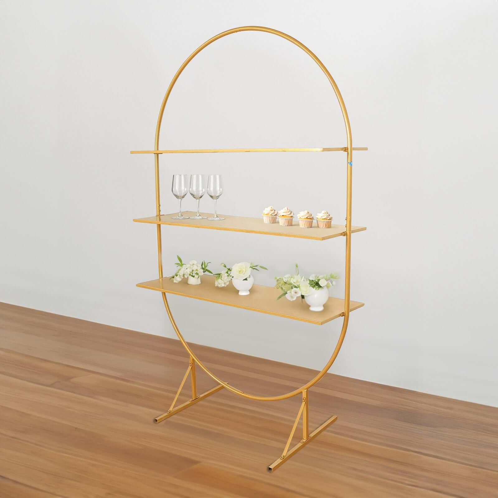 3-Tier Metal Oval Cupcake Dessert Stand 6.5ft Gold Arch Shelf Rack Style - Sturdy Large Floor Standing Cake Display Stand for Birthdays Banquets & Modern Celebrations