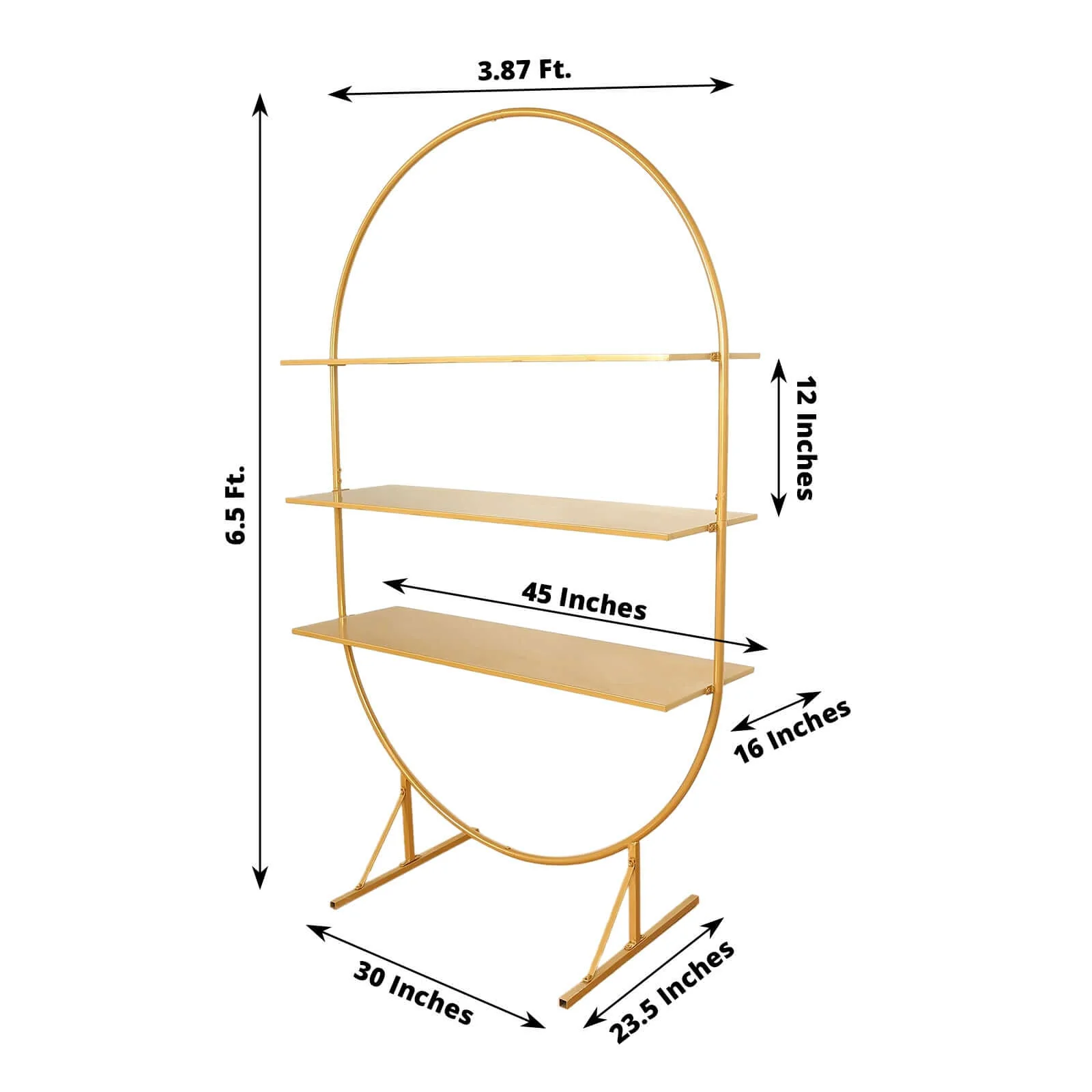 3-Tier Metal Oval Cupcake Dessert Stand 6.5ft Gold Arch Shelf Rack Style - Sturdy Large Floor Standing Cake Display Stand for Birthdays Banquets & Modern Celebrations - Image 3