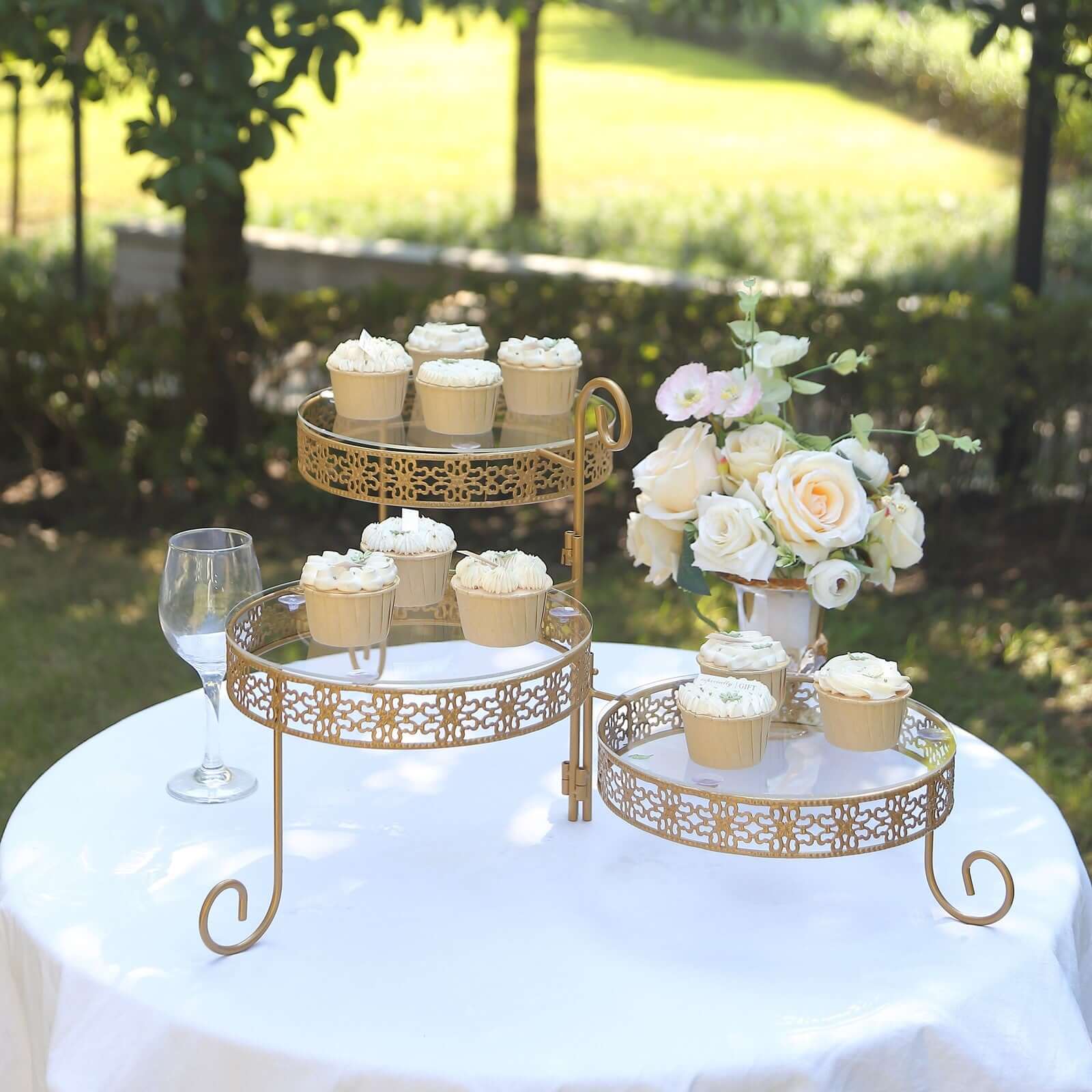3-Tier Metal Rotating Cupcake Stand 28" Gold with Clear Acrylic Round Plates - Hollow Lace Design Dessert Display - Image 2