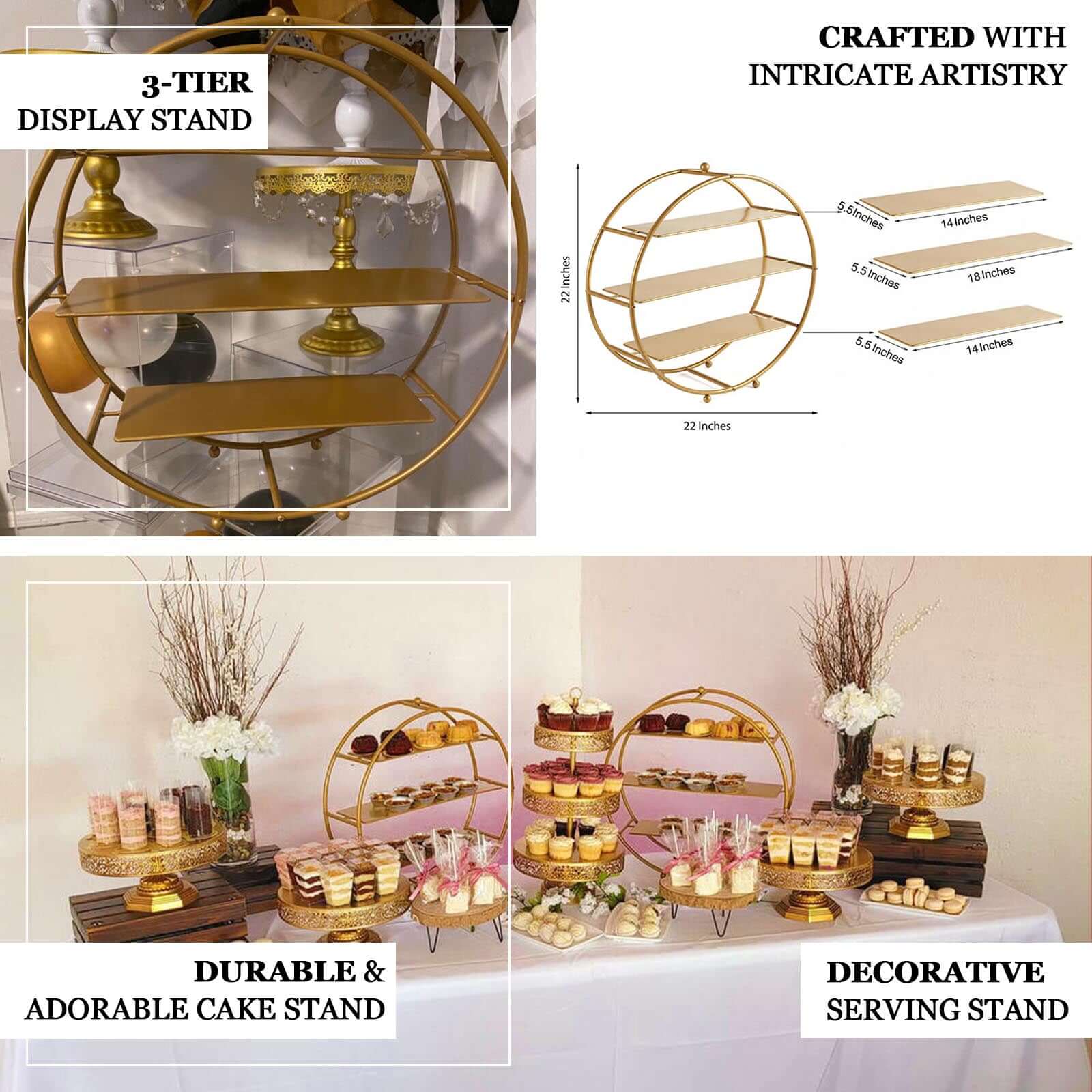 3-Tier Metal Round Cupcake Stand 21" Matte Gold - Durable Contemporary Dessert Holder Appetizer Display for Upscale Events Banquets & Gatherings - Image 4