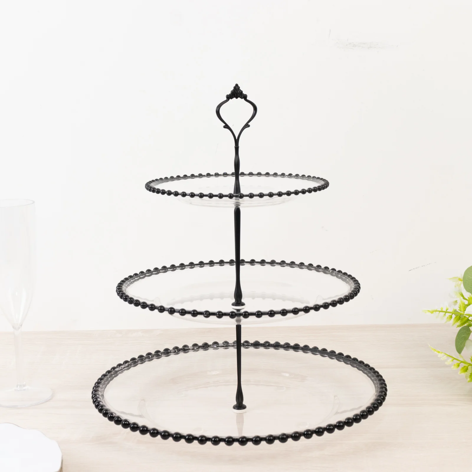 Clear 3-Tier Round Plastic Cupcake Tower Stand with Black Beaded Rim, Dessert Display Tea Party Serving Platter With Top Handle - 14" - Image 6