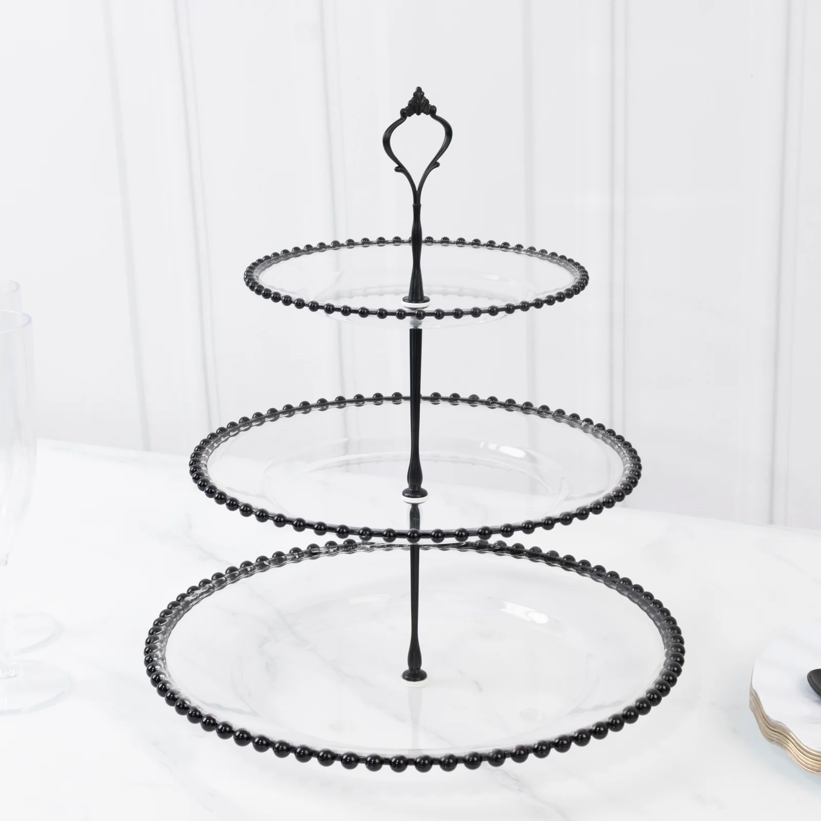 Clear 3-Tier Round Plastic Cupcake Tower Stand with Black Beaded Rim, Dessert Display Tea Party Serving Platter With Top Handle - 14" - Image 8
