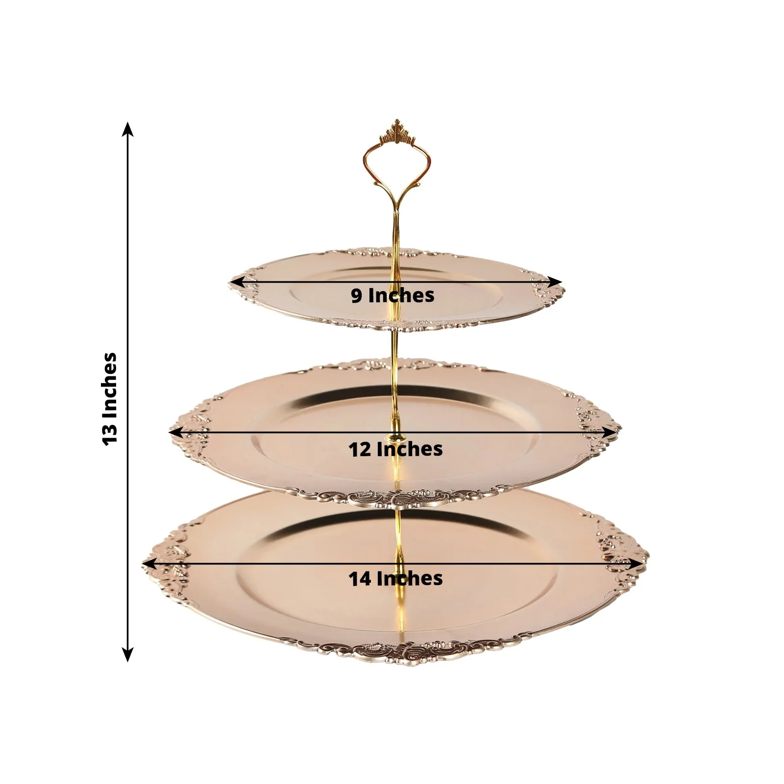 3-Tier Plastic Round Cupcake Stand 13" Metallic Gold with Embossed Baroque Rim & Top Handle - Reusable Dessert Display Holder Serving Tray Platter for Rustic Chic Events - Image 2