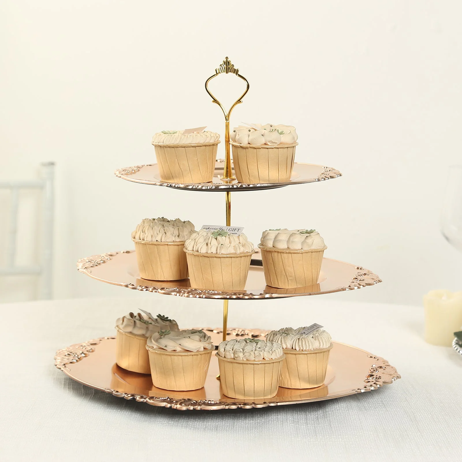 3-Tier Plastic Round Cupcake Stand 13" Metallic Gold with Embossed Baroque Rim & Top Handle - Reusable Dessert Display Holder Serving Tray Platter for Rustic Chic Events - Image 3
