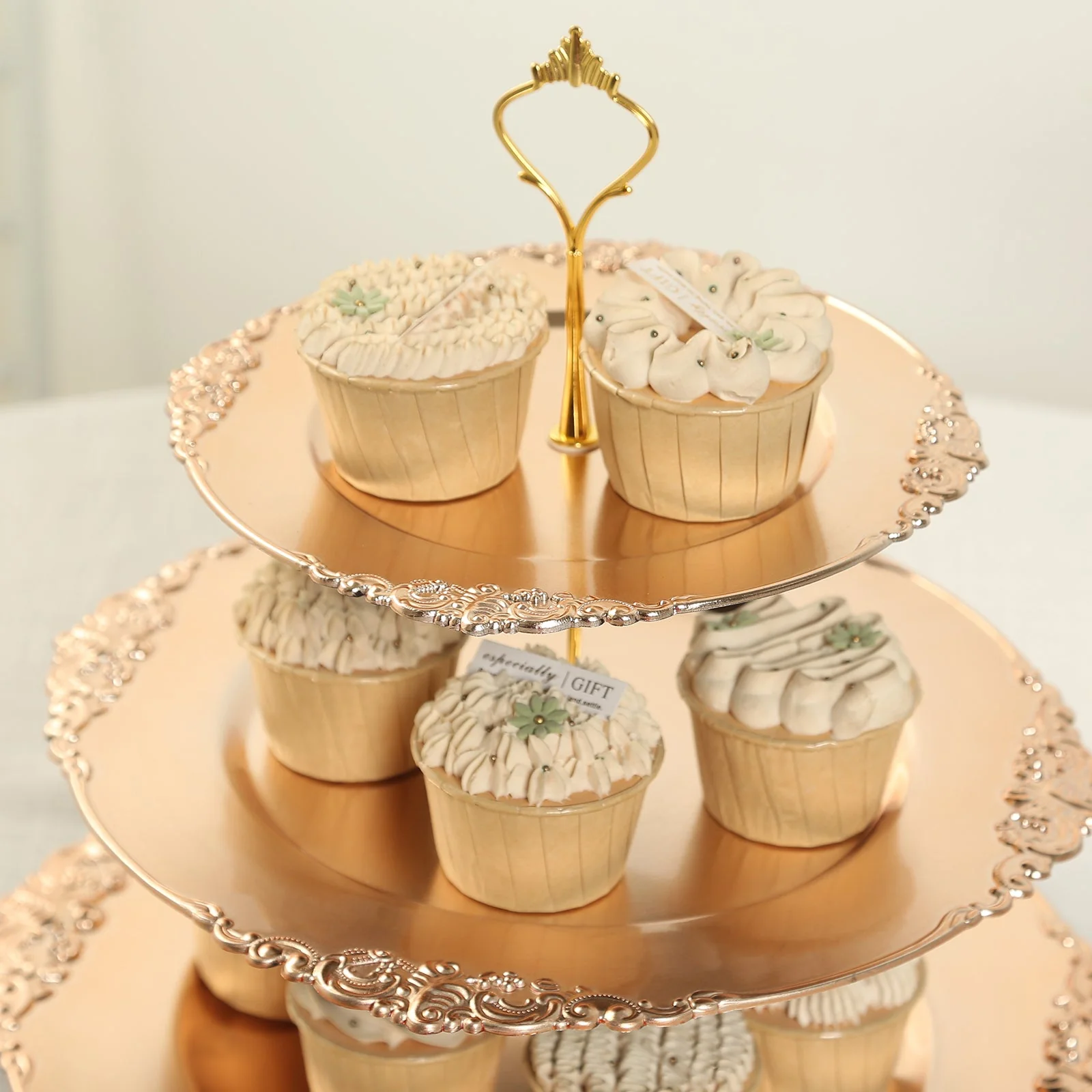 3-Tier Plastic Round Cupcake Stand 13" Metallic Gold with Embossed Baroque Rim & Top Handle - Reusable Dessert Display Holder Serving Tray Platter for Rustic Chic Events - Image 4