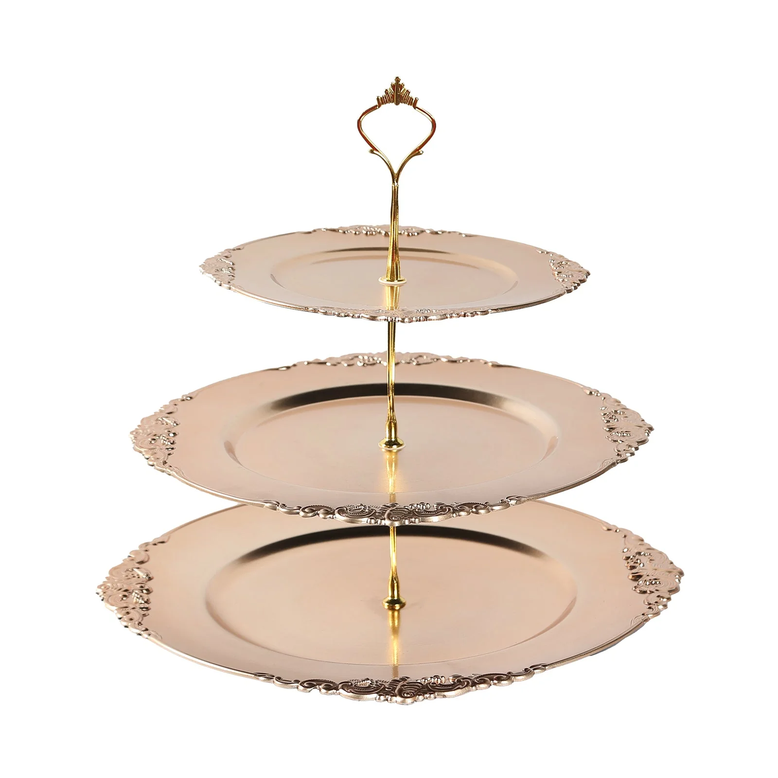 3-Tier Plastic Round Cupcake Stand 13" Metallic Gold with Embossed Baroque Rim & Top Handle - Reusable Dessert Display Holder Serving Tray Platter for Rustic Chic Events - Image 5