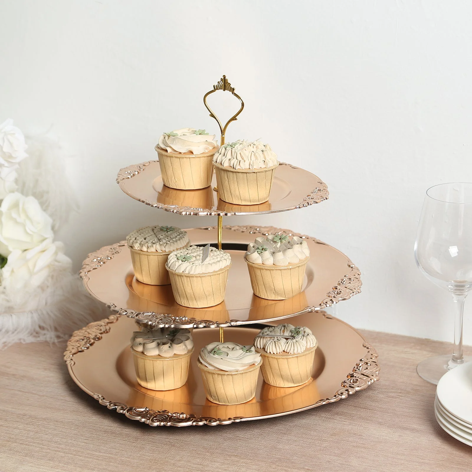 3-Tier Plastic Round Cupcake Stand 13" Metallic Gold with Embossed Baroque Rim & Top Handle - Reusable Dessert Display Holder Serving Tray Platter for Rustic Chic Events - Image 7
