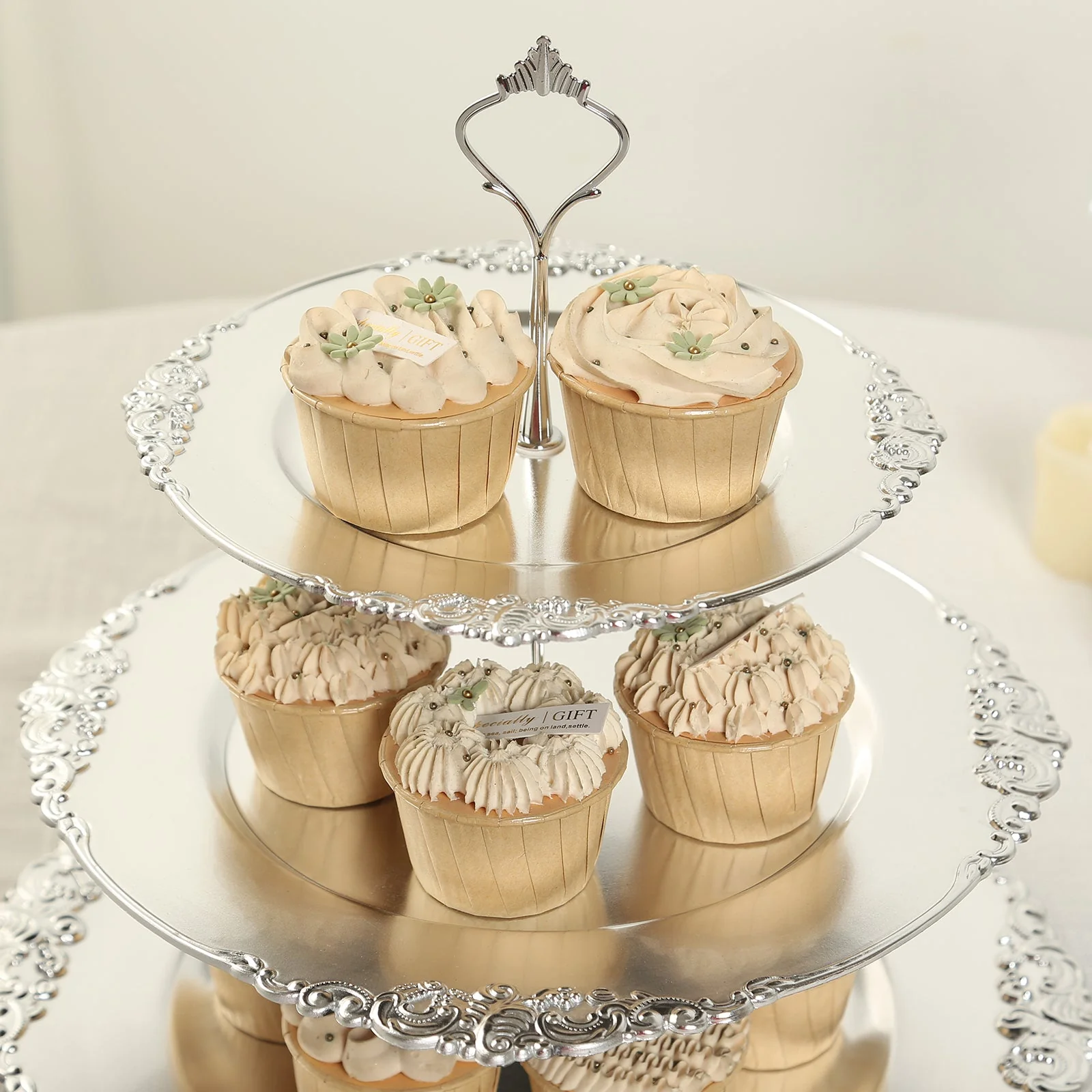 3-Tier Plastic Round Cupcake Stand 13" Metallic Silver with Embossed Baroque Rim & Top Handle - Reusable Dessert Display Holder Serving Tray Platter for Rustic Chic Events - Image 5