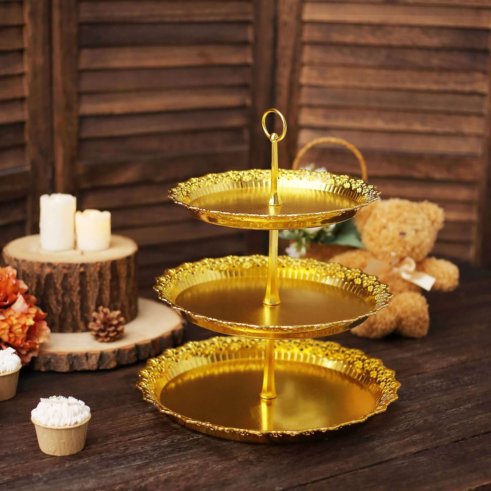 3-Tier Plastic Round Cupcake Stand 15" Metallic Gold with Lace Scalloped Edges - Decorative Space Saving Dessert Display Tower Pastry Serving Tray for Weddings & Cocktail Parties - Image 10