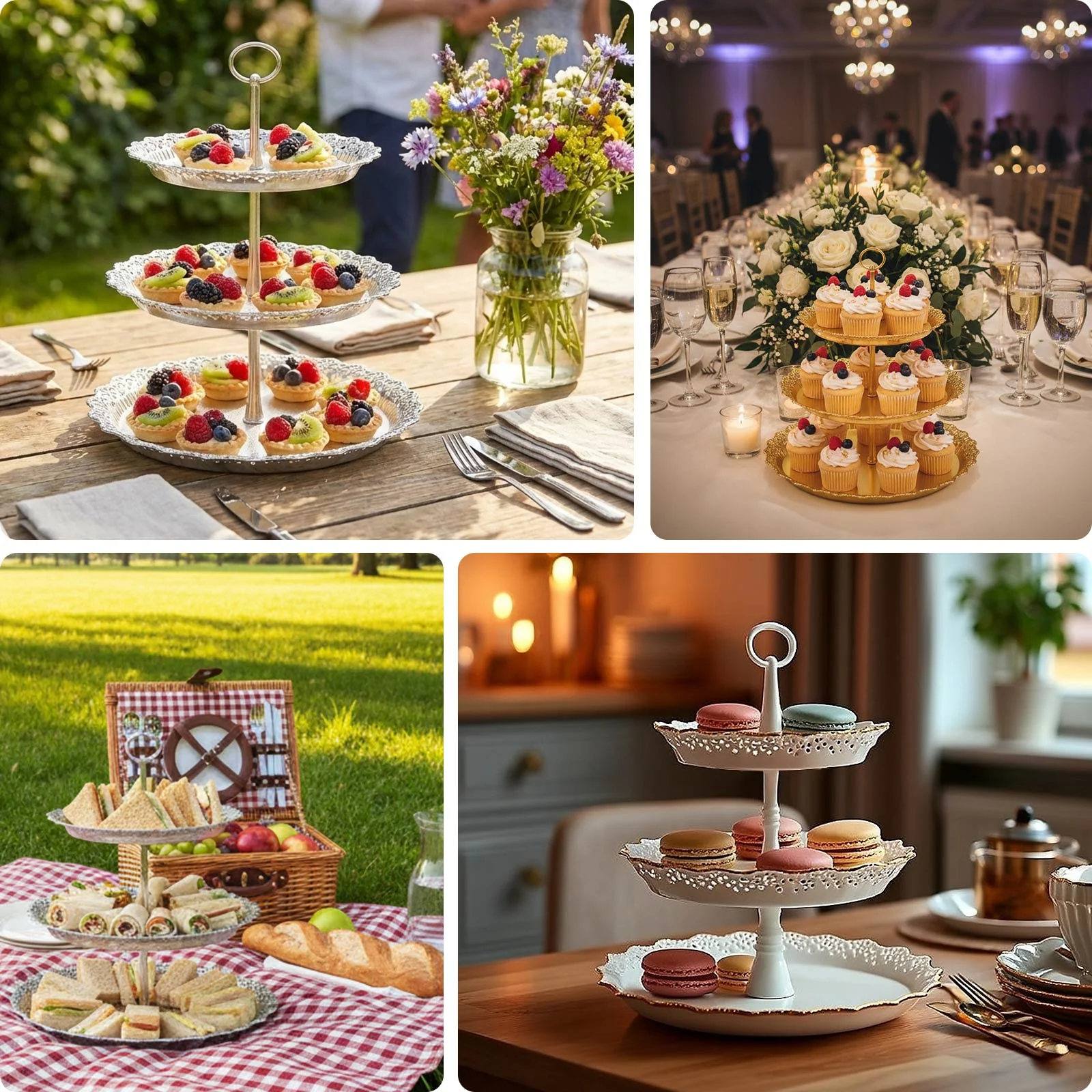 3-Tier Plastic Round Cupcake Stand 15" Metallic Silver with Lace Scalloped Edges - Decorative Space Saving Dessert Display Tower Pastry Serving Tray for Weddings & Cocktail Parties - Image 5