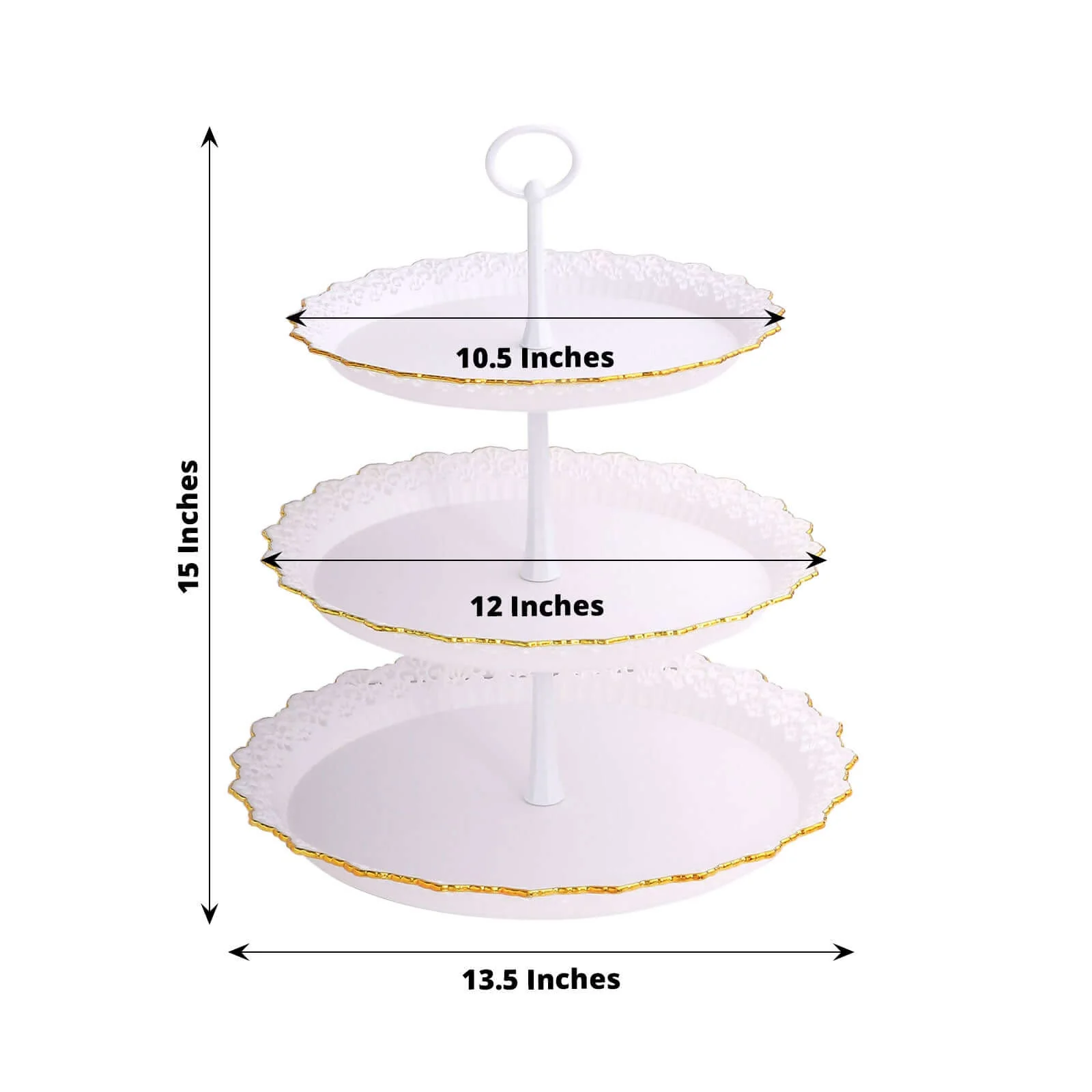 3-Tier Plastic Round Cupcake Stand 15" White with Gold Scalloped Edges - Decorative Space Saving Dessert Display Tower Pastry Serving Tray for Weddings & Cocktail Parties - Image 3