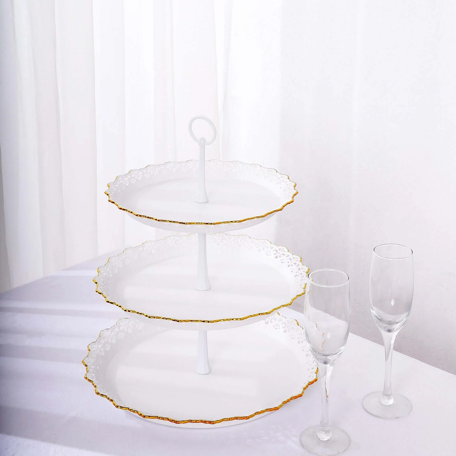 3-Tier Plastic Round Cupcake Stand 15" White with Gold Scalloped Edges - Decorative Space Saving Dessert Display Tower Pastry Serving Tray for Weddings & Cocktail Parties - Image 6