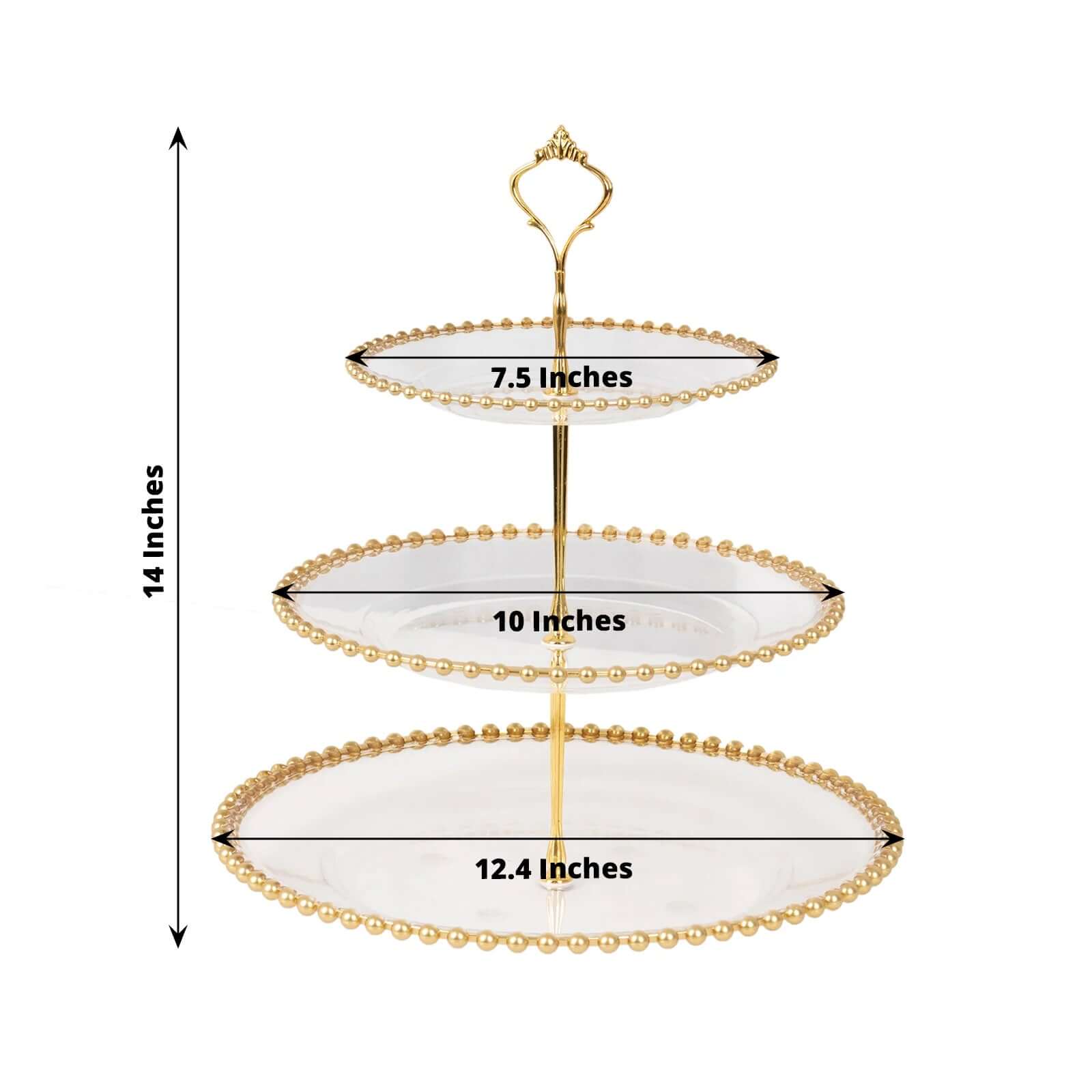 3-Tier Plastic Round Cupcake Tower Stand 14" Clear with Gold Beaded Rim - Stable Dessert Display Tea Party Serving Platter With Top Handle for Classy Events Weddings & Banquets - Image 3